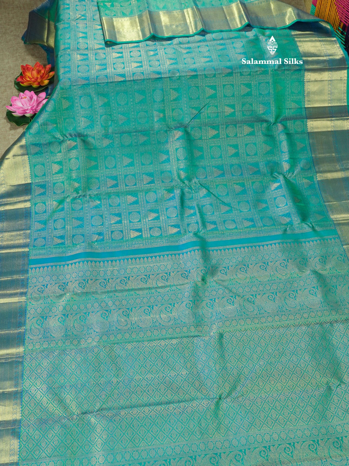 Dual Tone Peacock Blue Pure Kanjivaram Silk Saree Pure Zari (3G) with Traditional Gold Zari Border