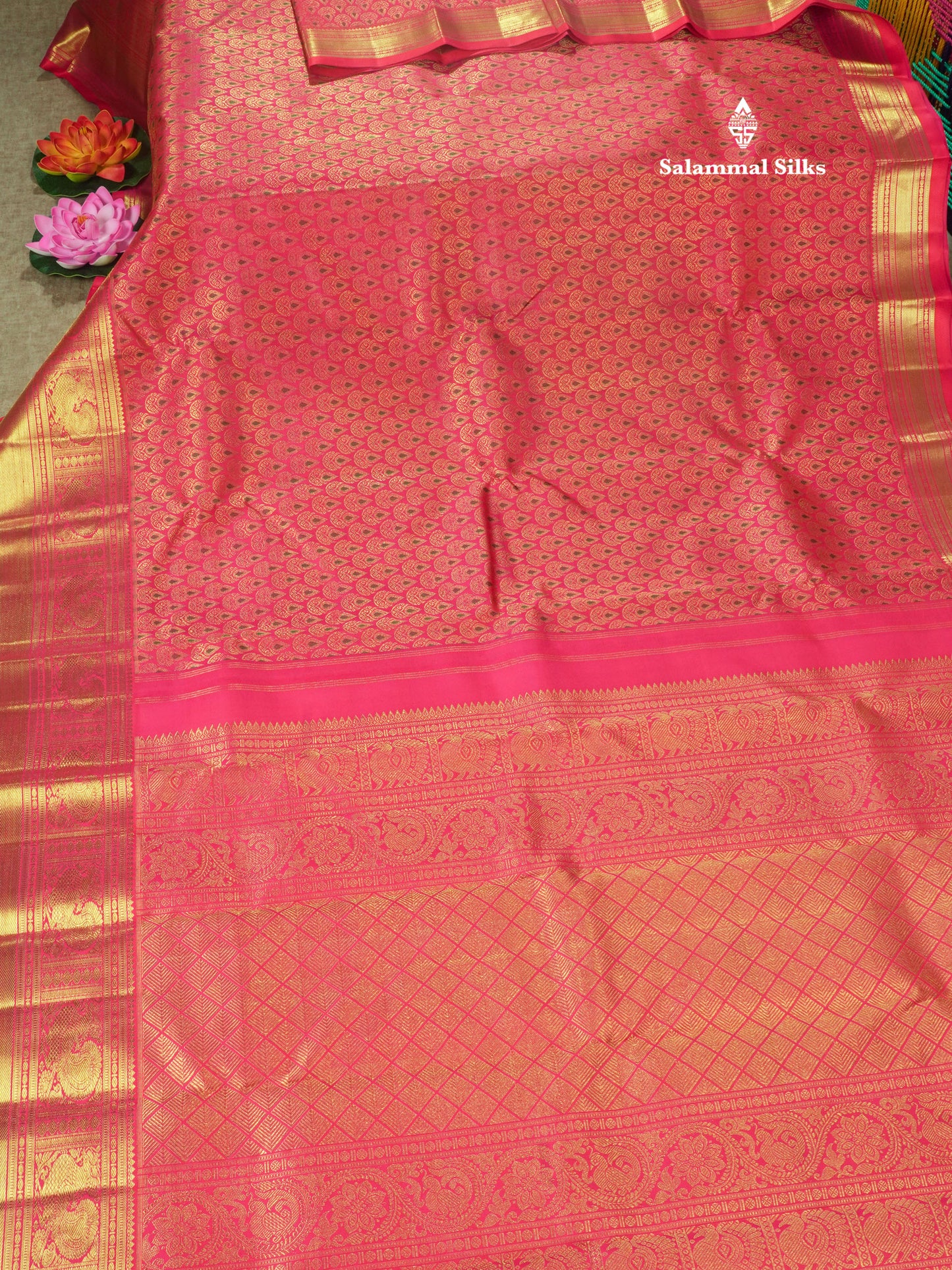 Pure zari (3G) Pinkish Red Meenakari Work Pure Kanjivaram Silk Saree with Traditional Gold Zari Border