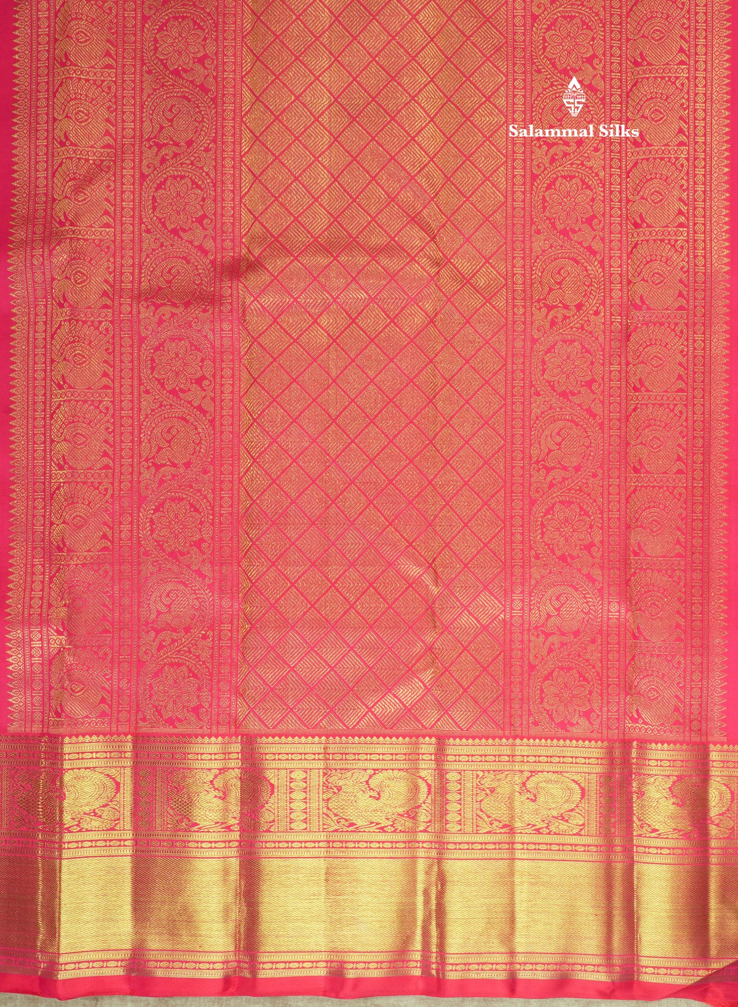 Pure zari (3G) Pinkish Red Meenakari Work Pure Kanjivaram Silk Saree with Traditional Gold Zari Border