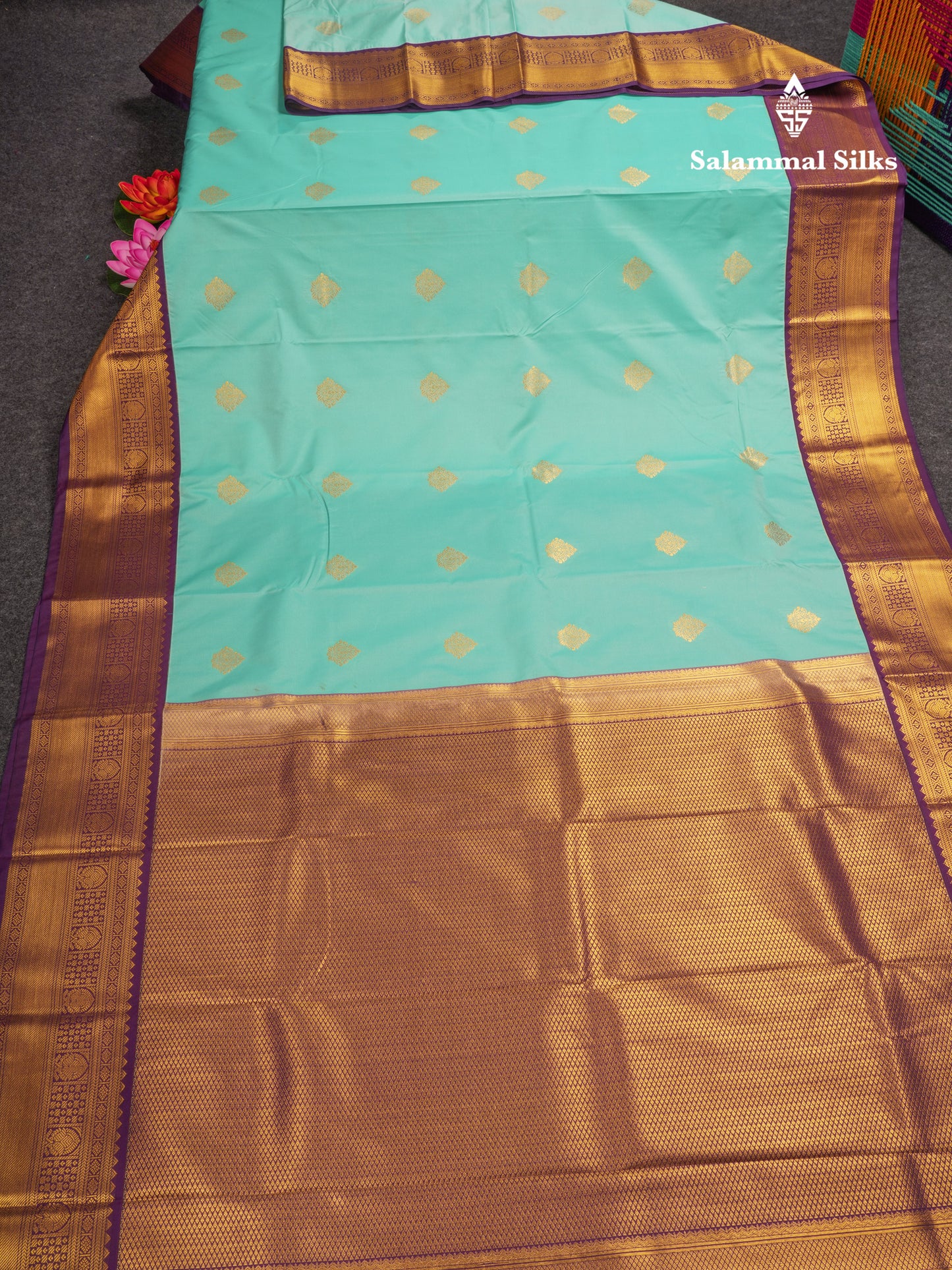 Sea Green Semi Silk Saree With Contrast Purple Traditional Border
