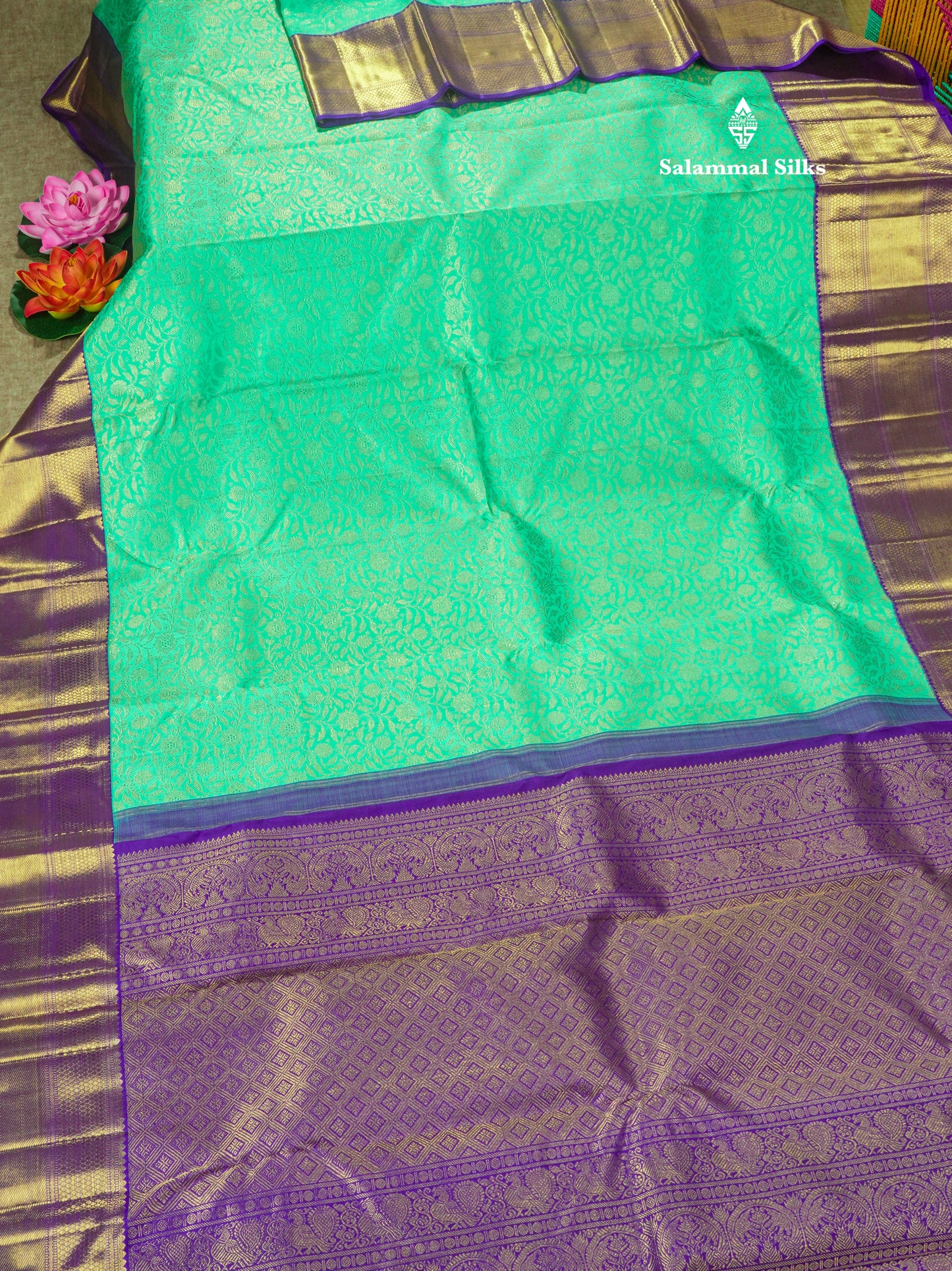 Korvai Sea Green Pure Kanjivaram Silk Saree 3G Zari with Contrast Violet Long Border