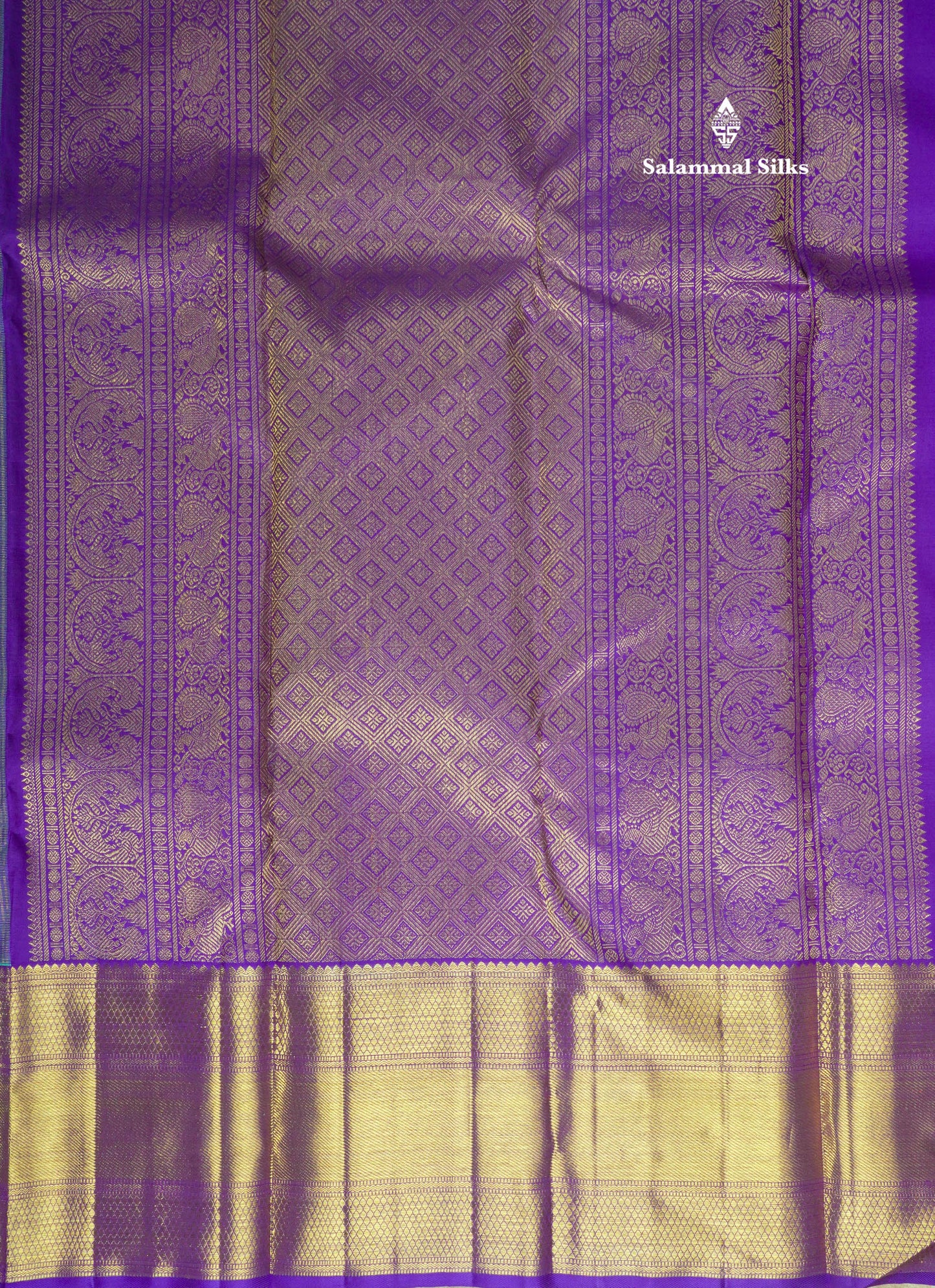 Korvai Sea Green Pure Kanjivaram Silk Saree 3G Zari with Contrast Violet Long Border