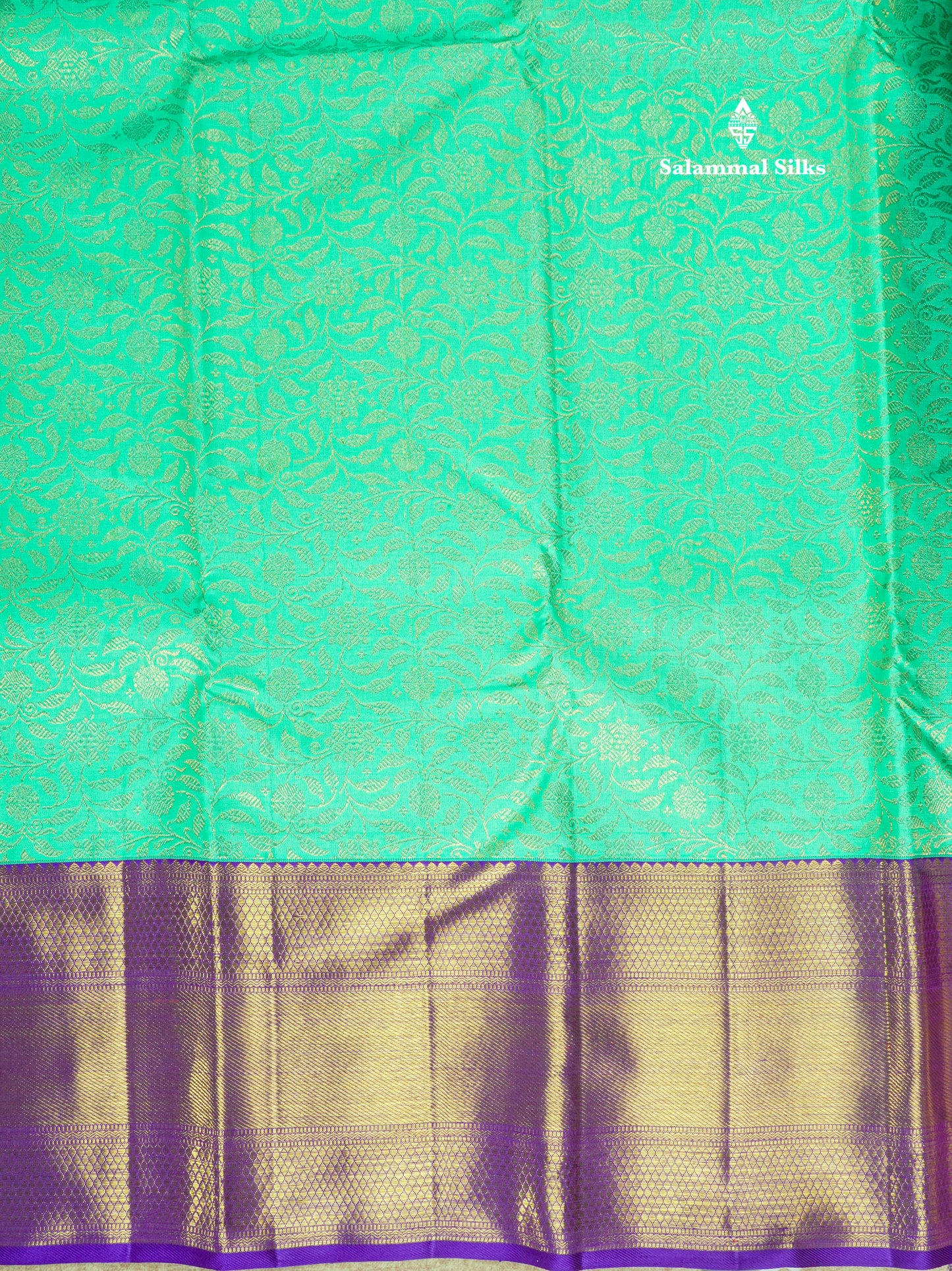 Korvai Sea Green Pure Kanjivaram Silk Saree 3G Zari with Contrast Violet Long Border