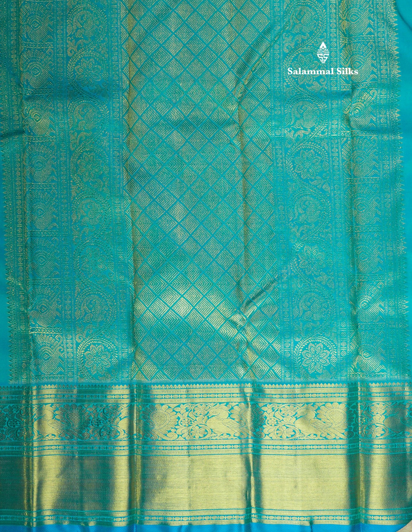 Peacock Blue Pure Kanjivaram Silk Saree Pure zari (3Gram) with Traditional Gold Zari Border