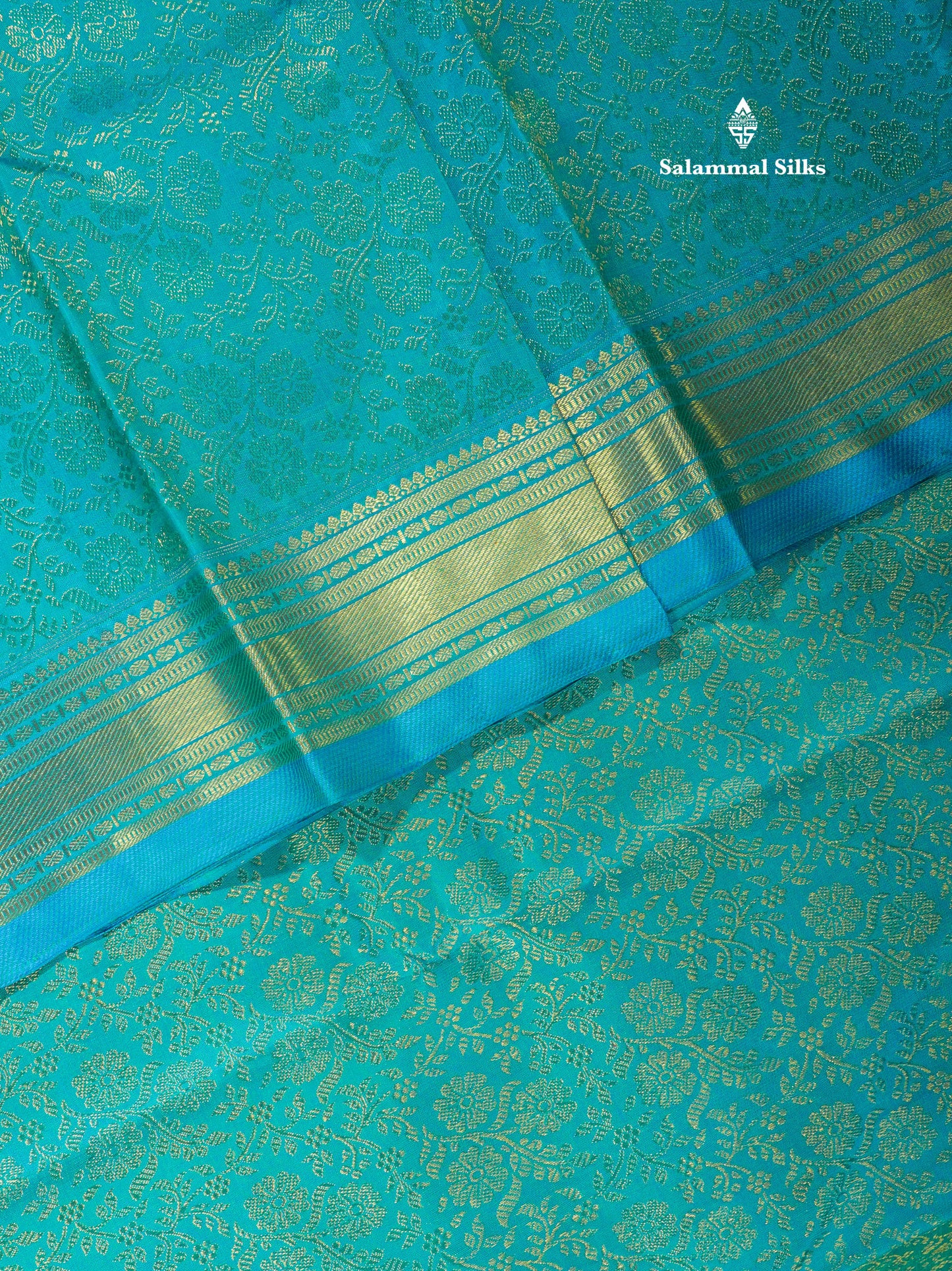 Peacock Blue Pure Kanjivaram Silk Saree Pure zari (3Gram) with Traditional Gold Zari Border