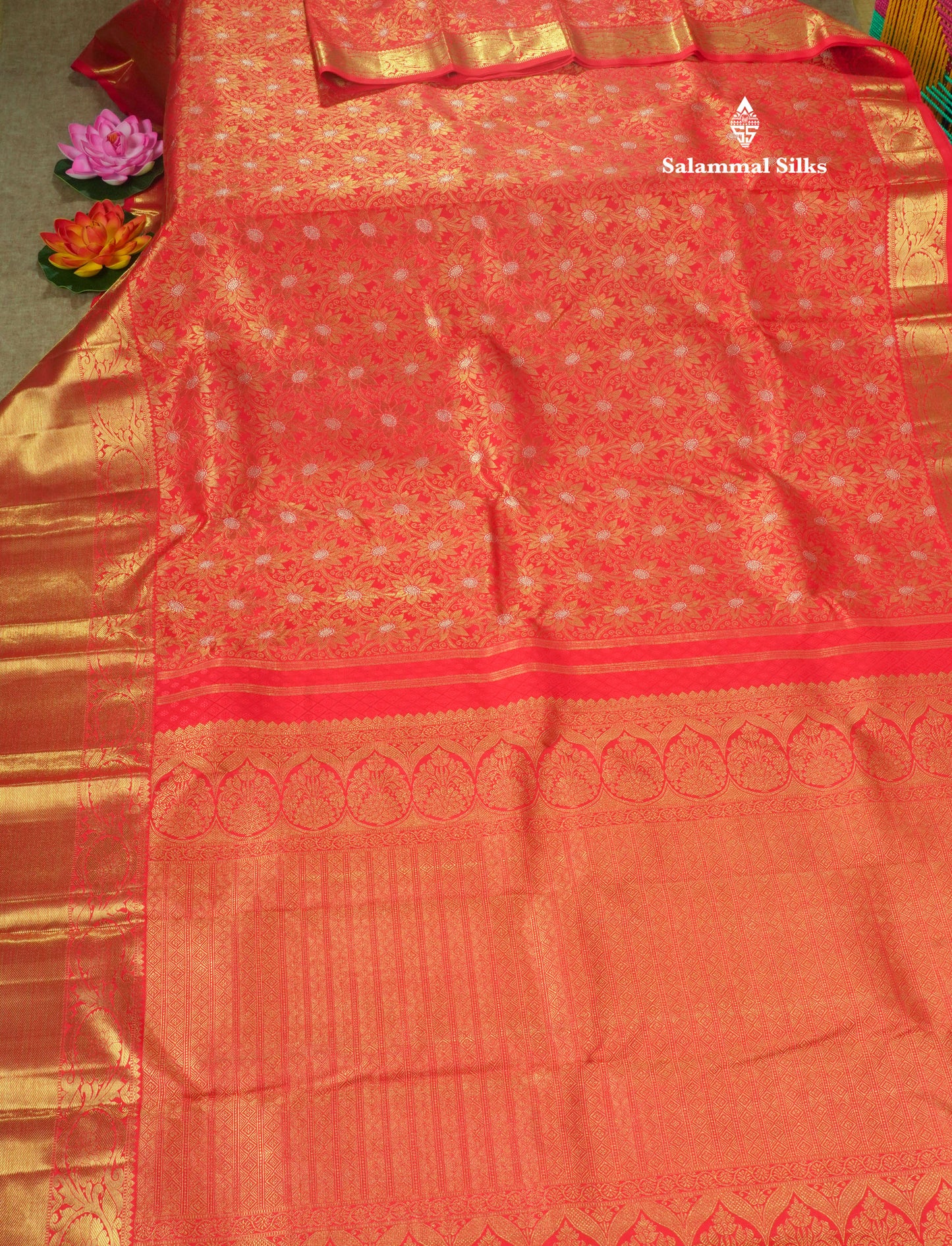 Beautiful Meenakari Work Chilly Red Pure Kanjivaram Silk Saree 3G Zari with Gold Zari Long Border