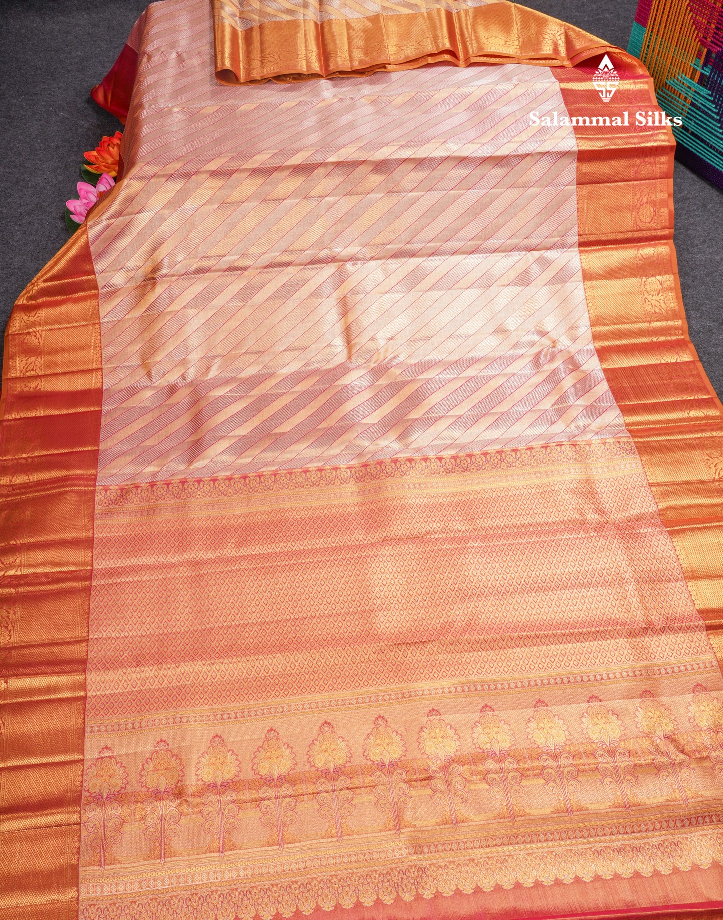Beautiful Gold & Red Tissue Bridal Pure Kanjivaram Silk Saree With Contrast Brown Broder