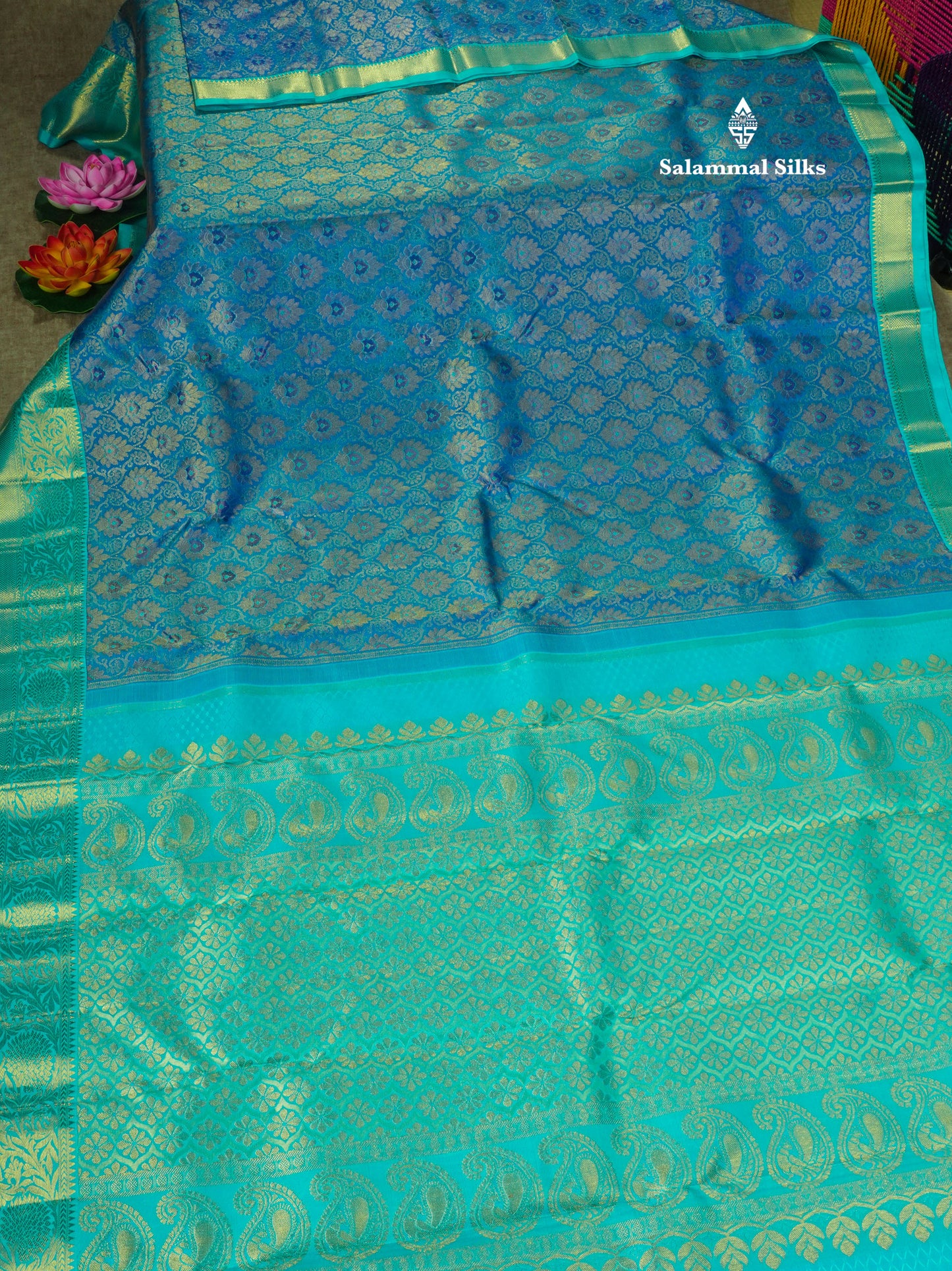 Pure Zari Peacock Blue Pure Kanjivaram Silk Saree with Contrast Sky Blue Border