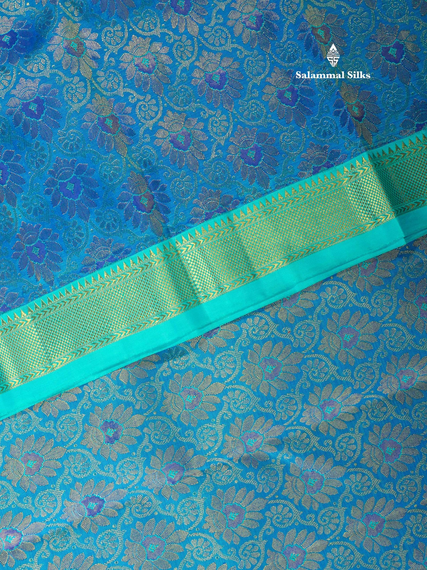 Pure Zari Peacock Blue Pure Kanjivaram Silk Saree with Contrast Sky Blue Border