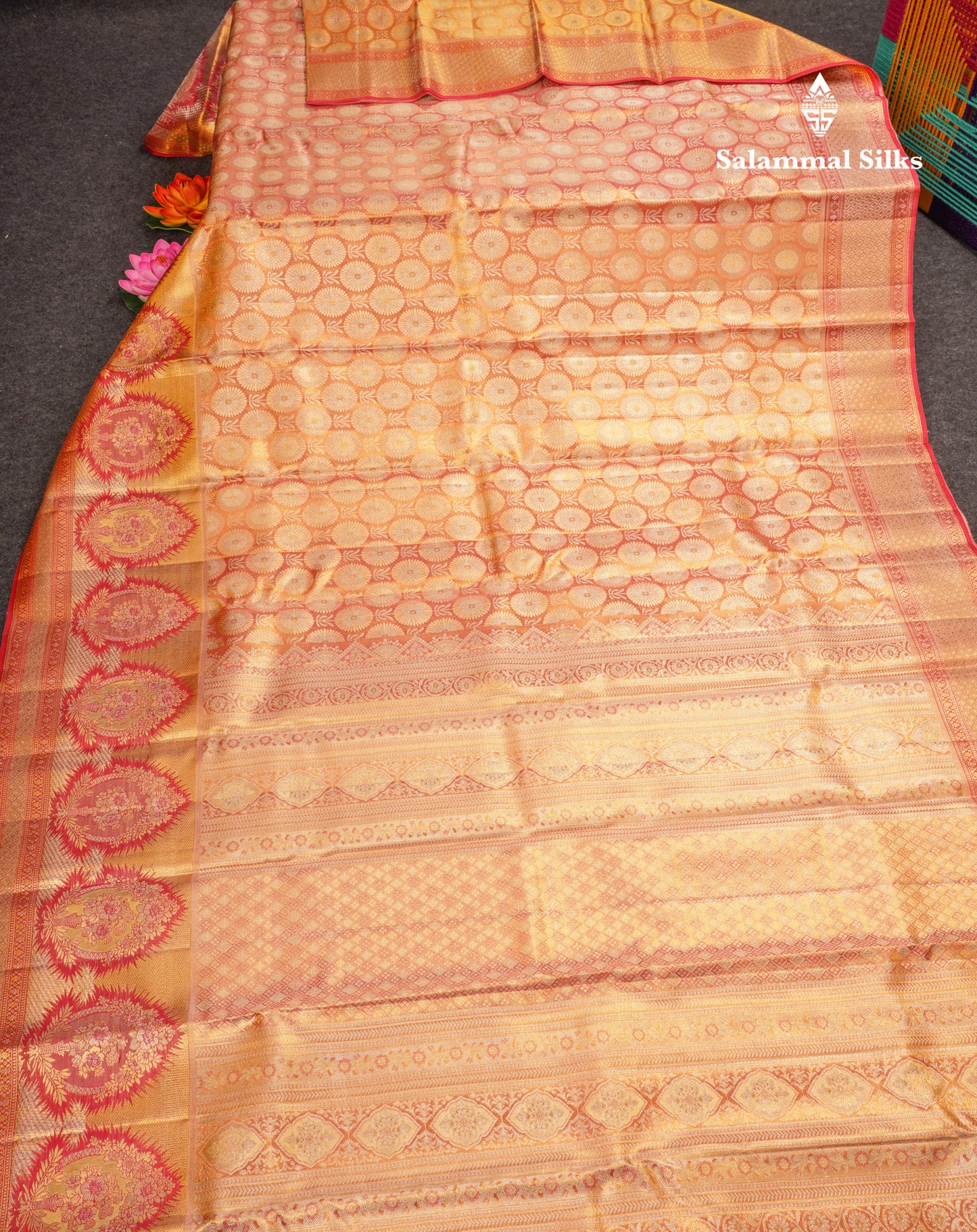 Beautiful Pinkish Orange Tissue Bridal Pure Kanjivaram Silk Saree With Fancy Border