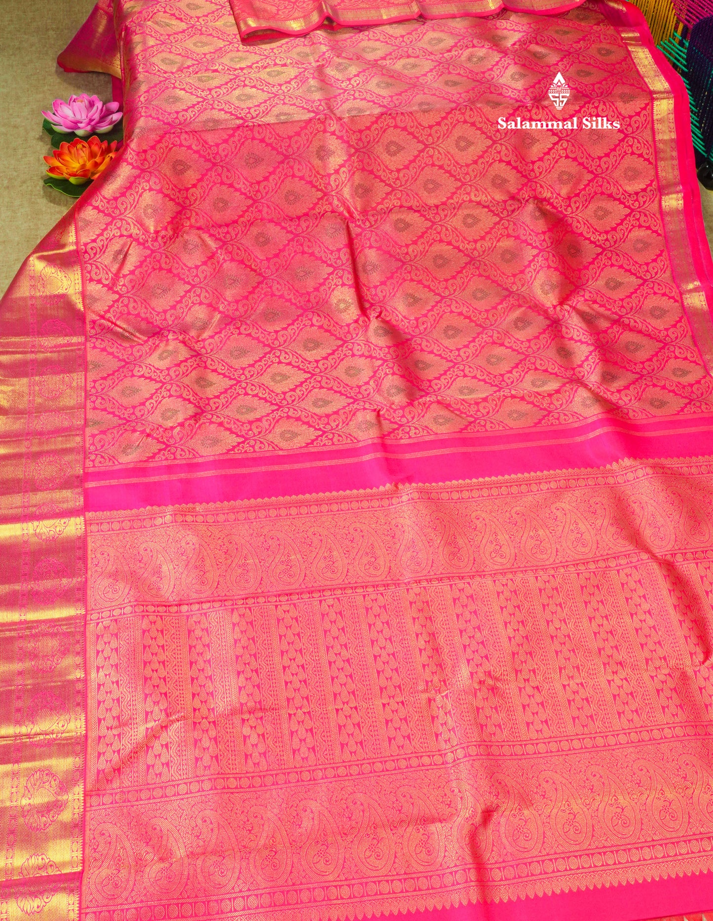 Pinkish Red Pure Kanjivaram Silk Pure Zari Saree with Gold Zari Border