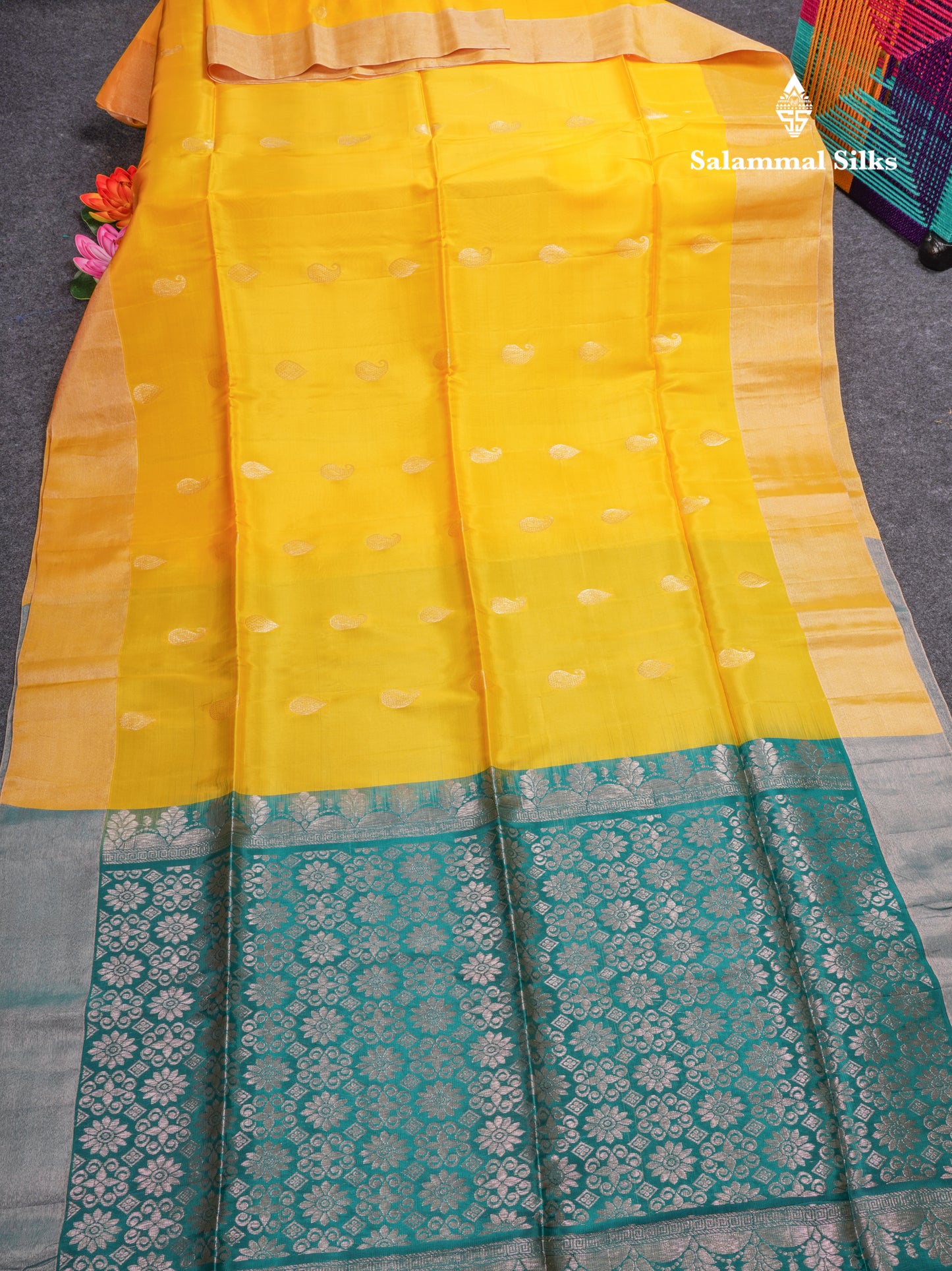Yellow Pure Silk Mix Soft Silk Saree With Contrast Peacock Green Blouse