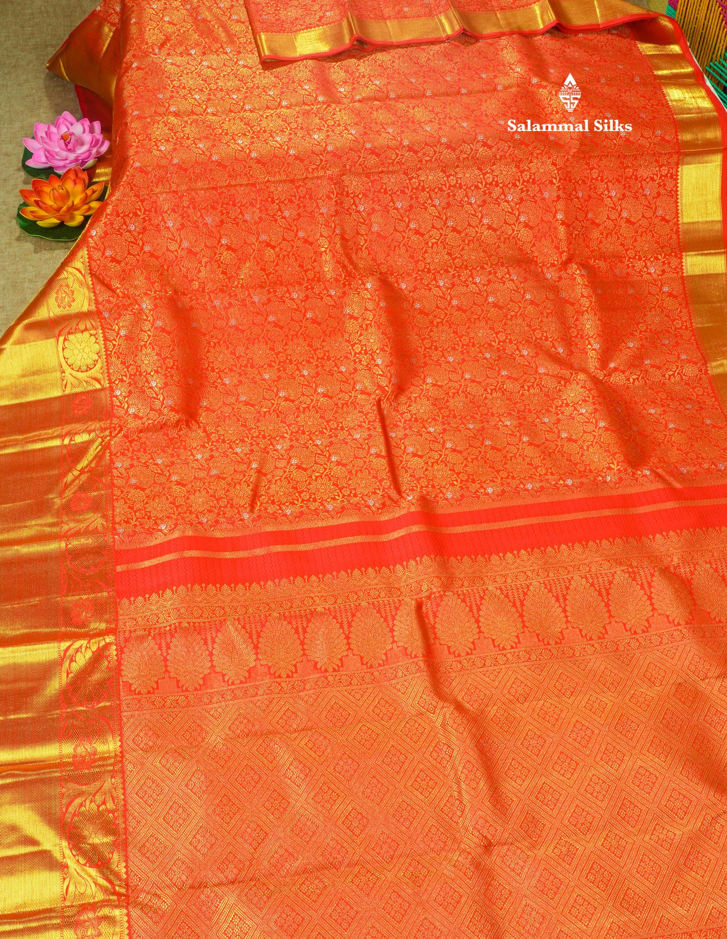 Beautiful Meenakarai Work Chilly Red Pure Kanjivaram Silk Saree Pure Zari (3G) with Gold Zari Long Border