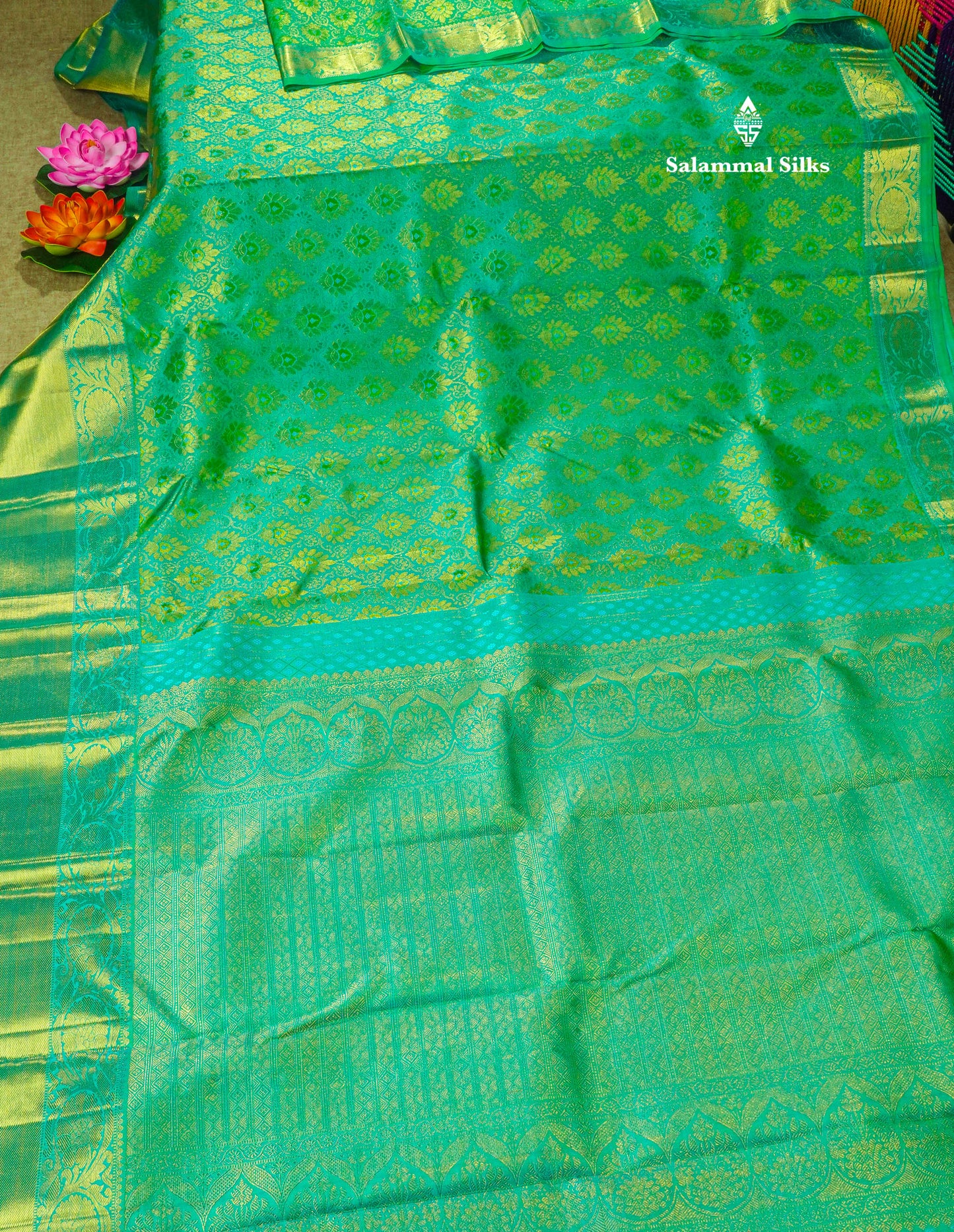 Peacock Green Pure Kanjivaram Silk Saree 3G Zari with Gold Zari Long Border