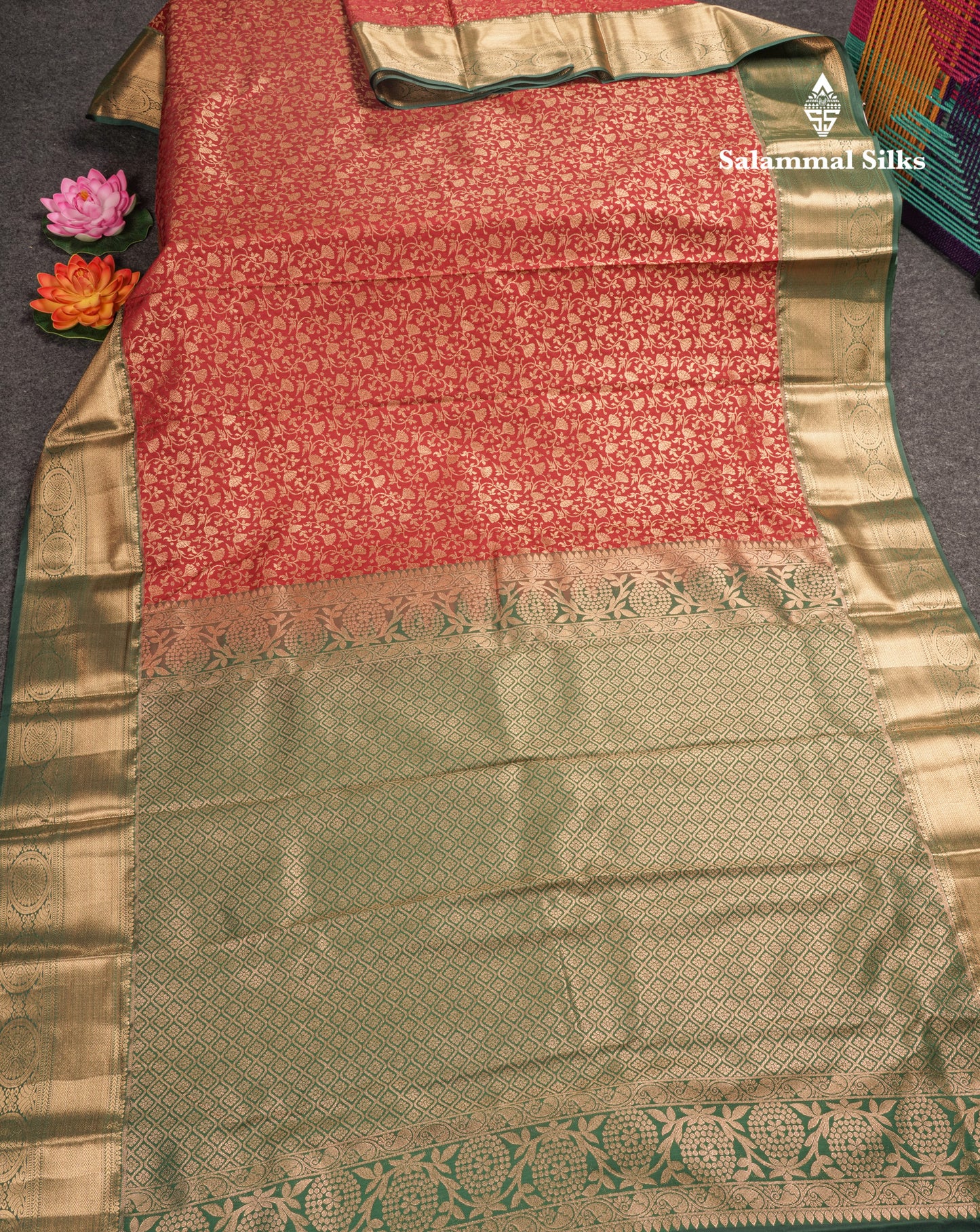 Red Bridal Semi Silk Saree With Contrast Bottle Green Border