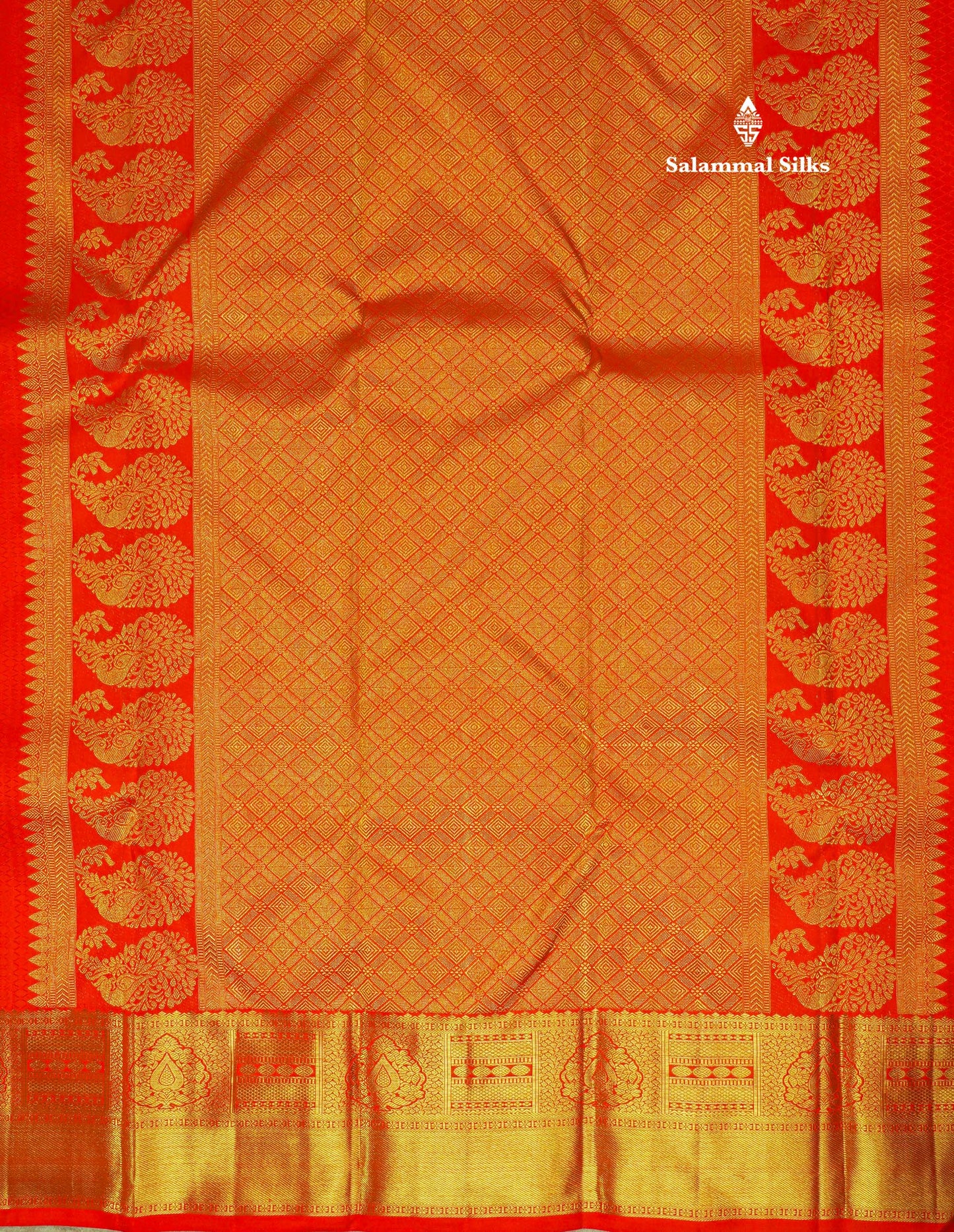 Pure zari (3G)
Bridal Chilly Red Pure Kanjivaram Silk Saree with Traditional Gold Zari Border