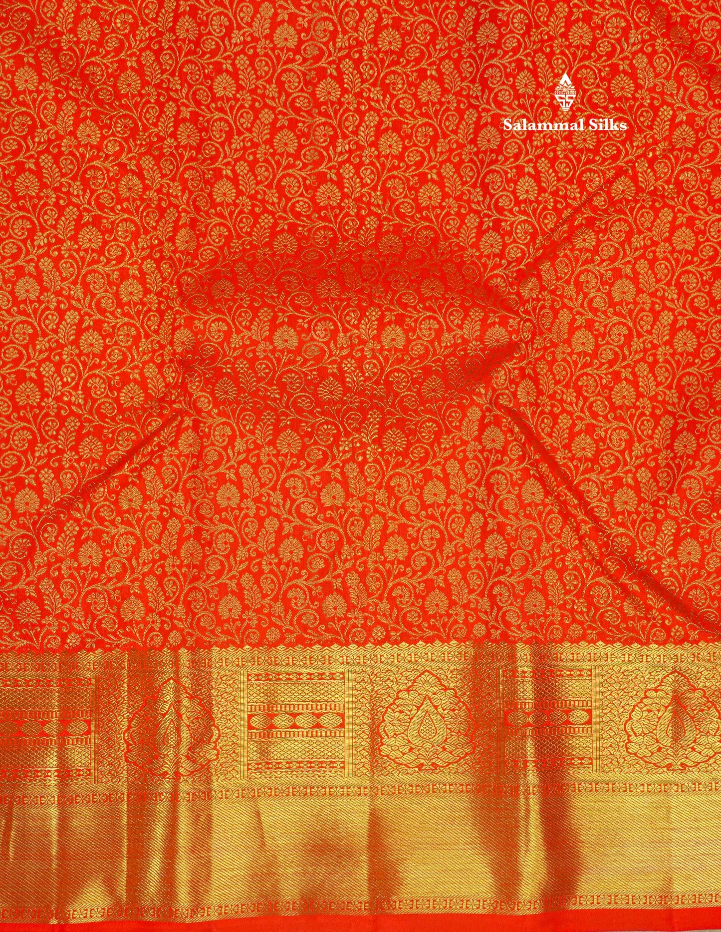 Pure zari (3G)
Bridal Chilly Red Pure Kanjivaram Silk Saree with Traditional Gold Zari Border