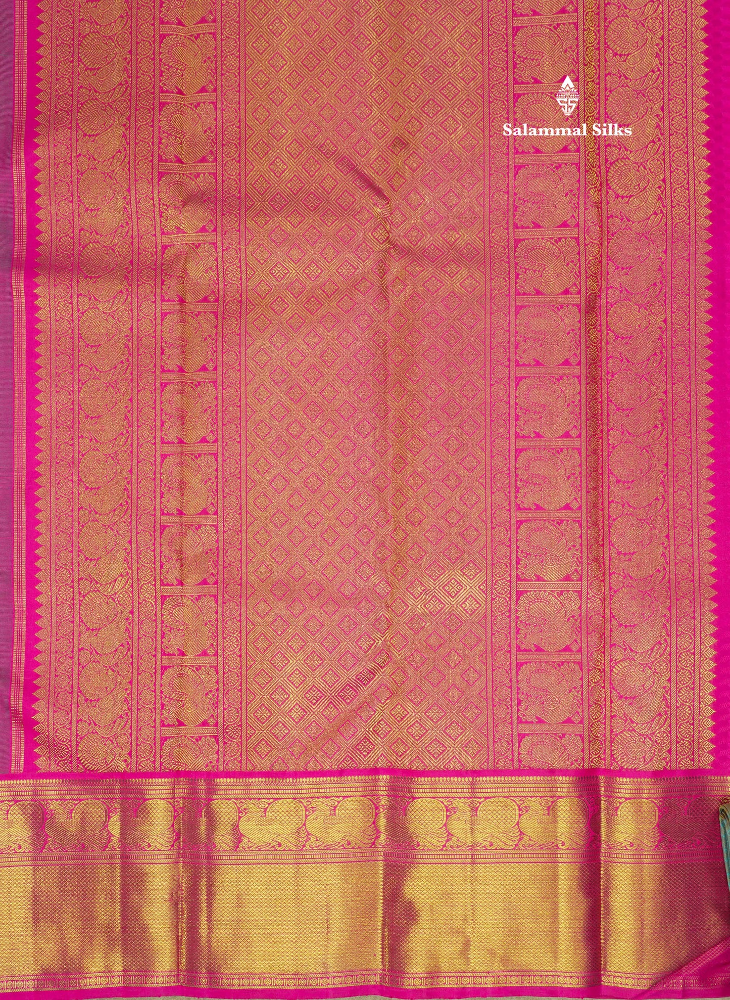Pure zari Peacock Blue Pure Kanjivaram Silk Saree with Contrast Pink Traditional Border