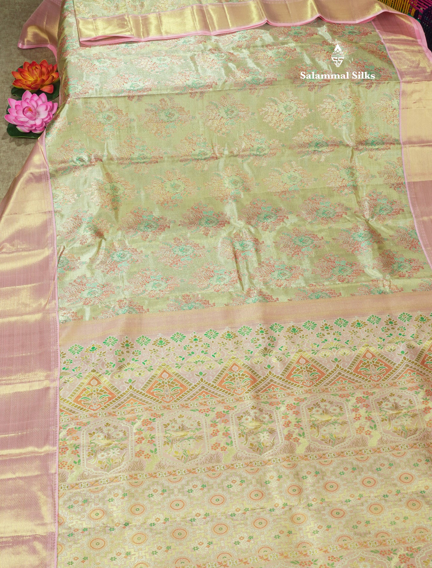 Pure Zari Multicolour Tissue Pure Kanjivaram Silk Saree With Contrast Baby Pink Border