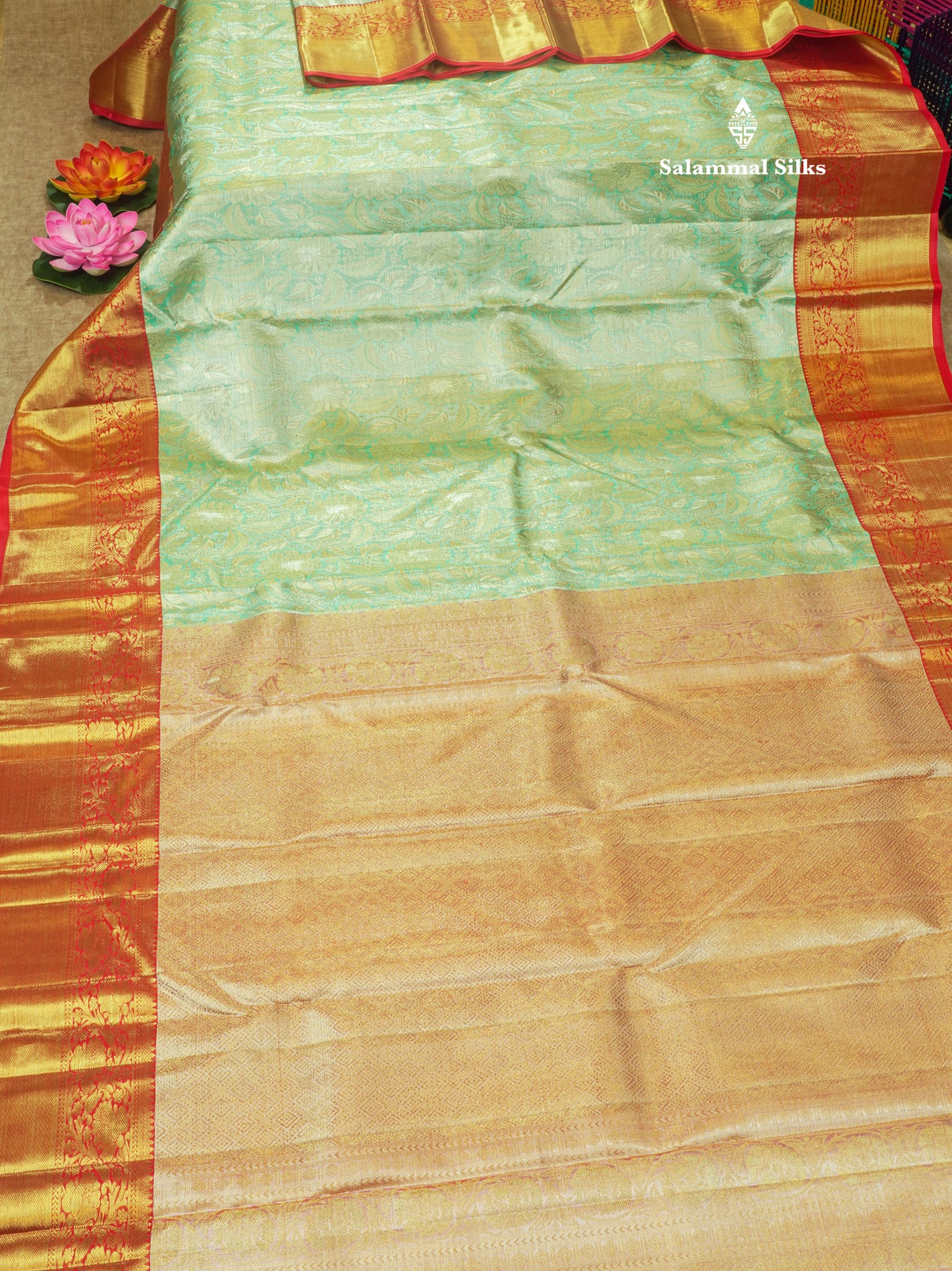 Pure Zari Rexona Green Pure Kanjivaram Silk Saree With Contrast Chilly Red Border