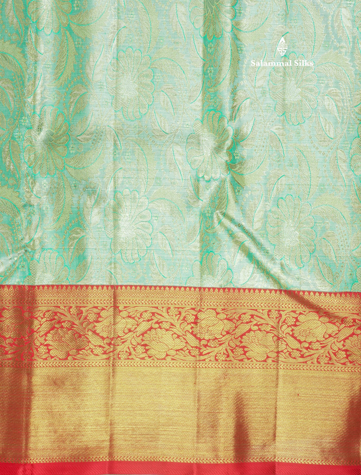 Pure Zari Rexona Green Pure Kanjivaram Silk Saree With Contrast Chilly Red Border