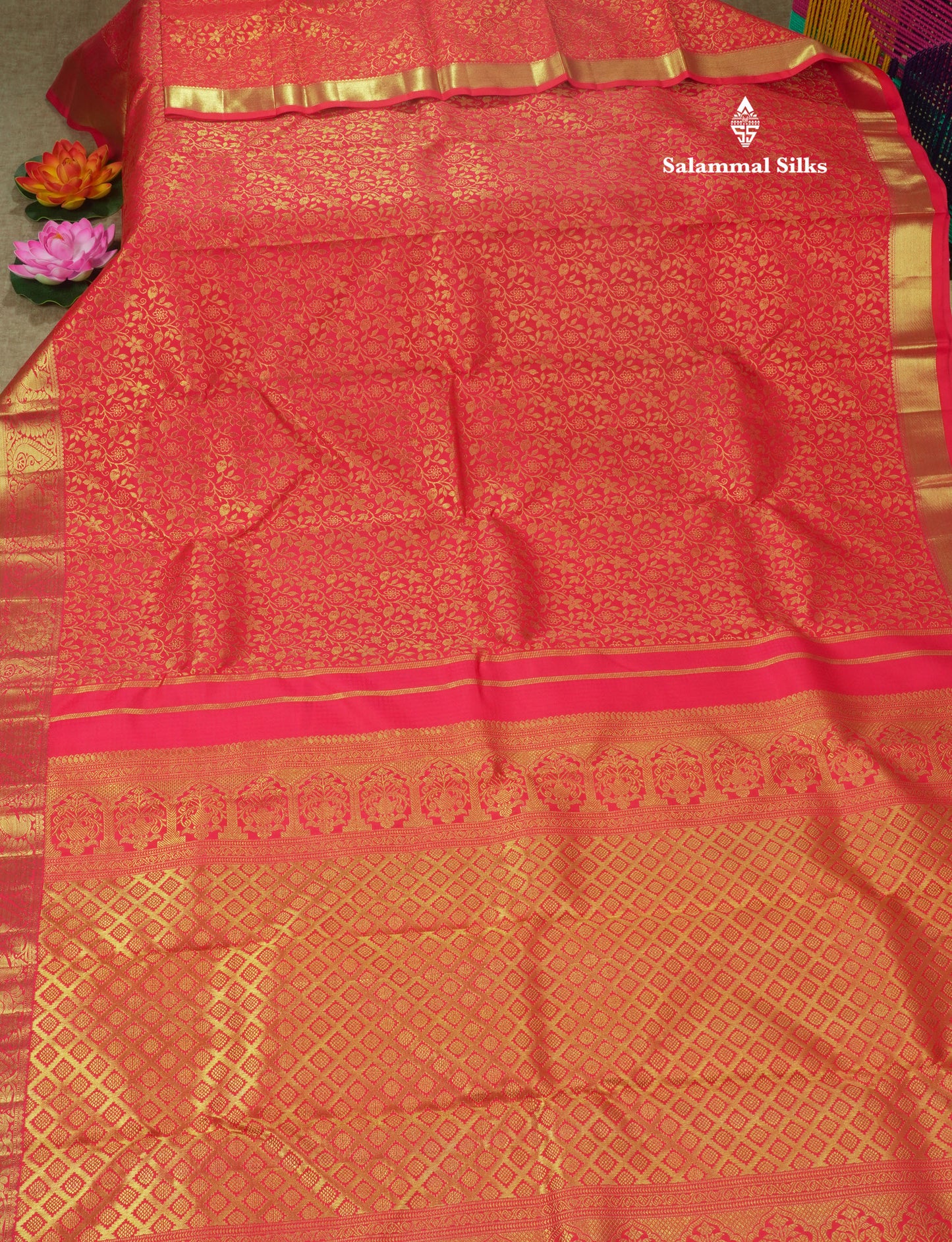 Reddish Pink Pure Kanjivaram Silk Saree 3G Zari with Traditional Gold Zari Border