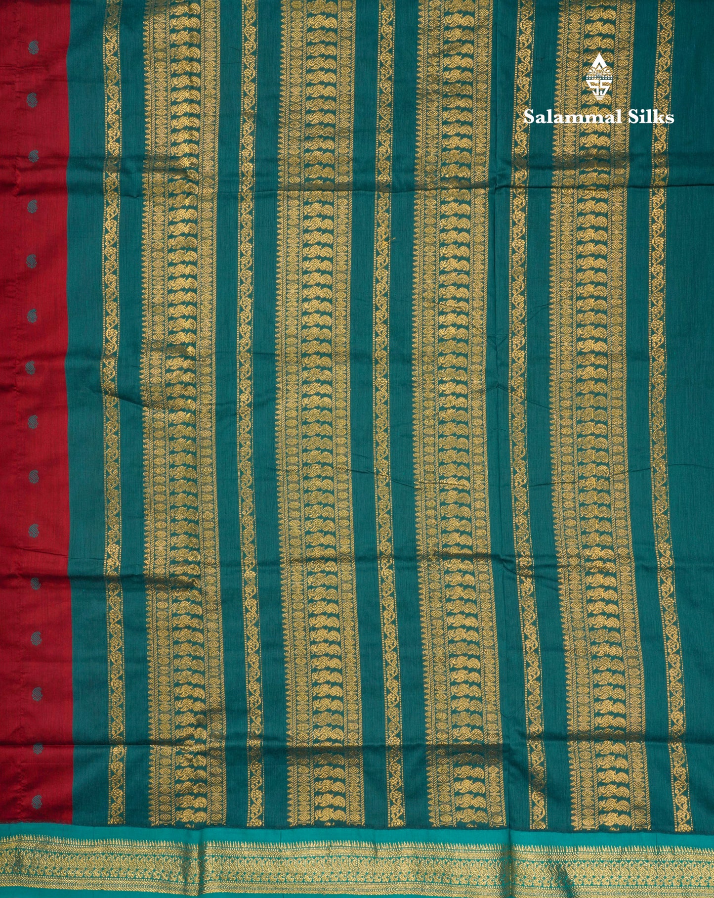 Reddish Maroon Kalyani Cotton Saree With Contrast Peacock Green Border
