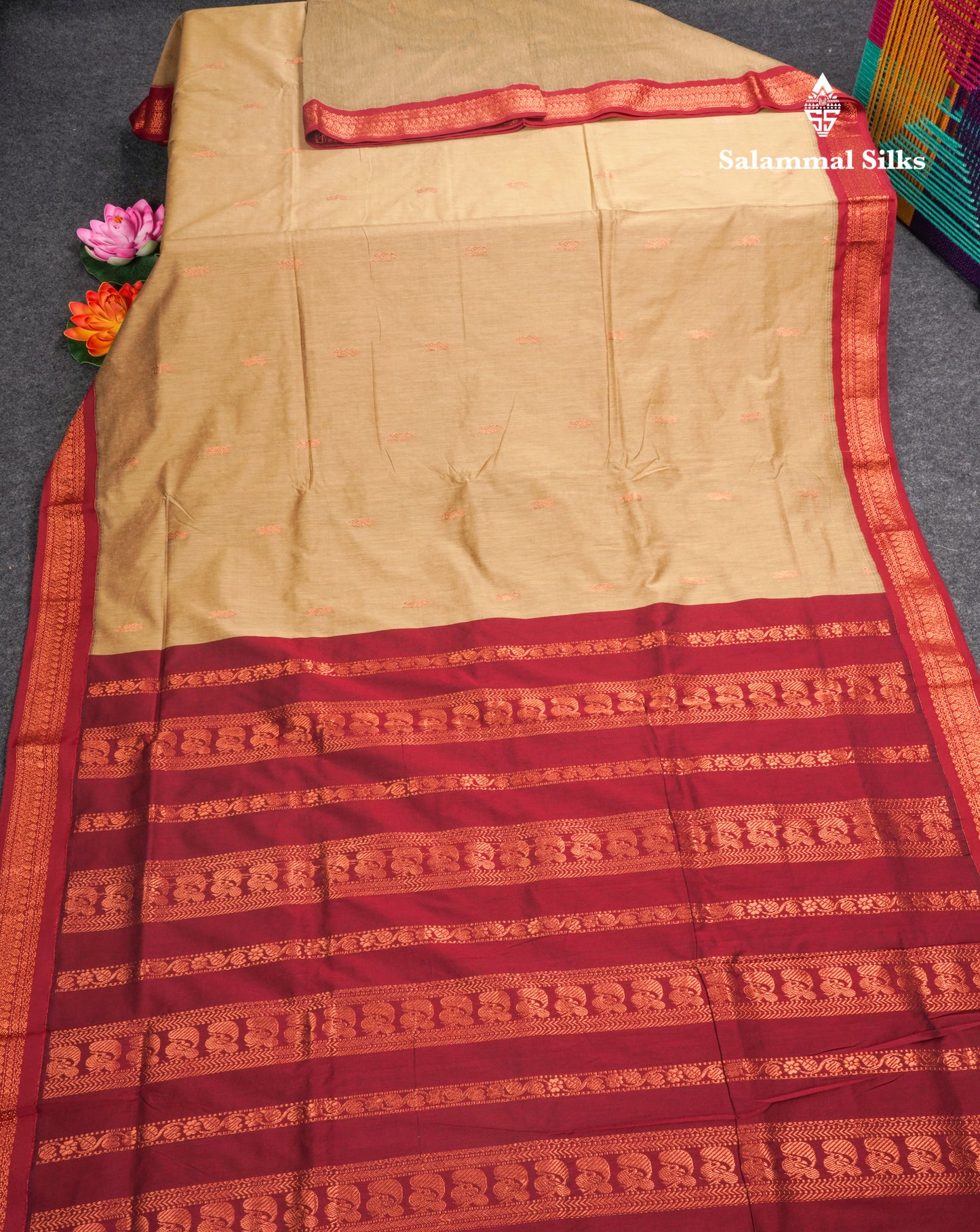 Cream Kalyani Cotton Saree With Contrast Dark Maroon Border