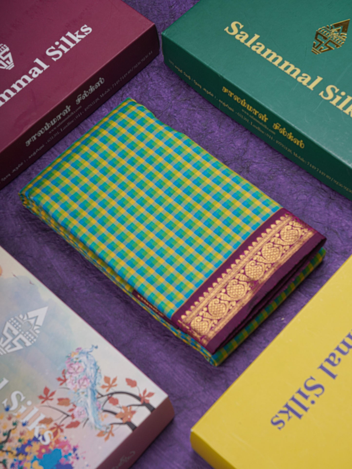 Multi Color Small Check Kanjivaram Pure Silk saree with Majentha Blouse