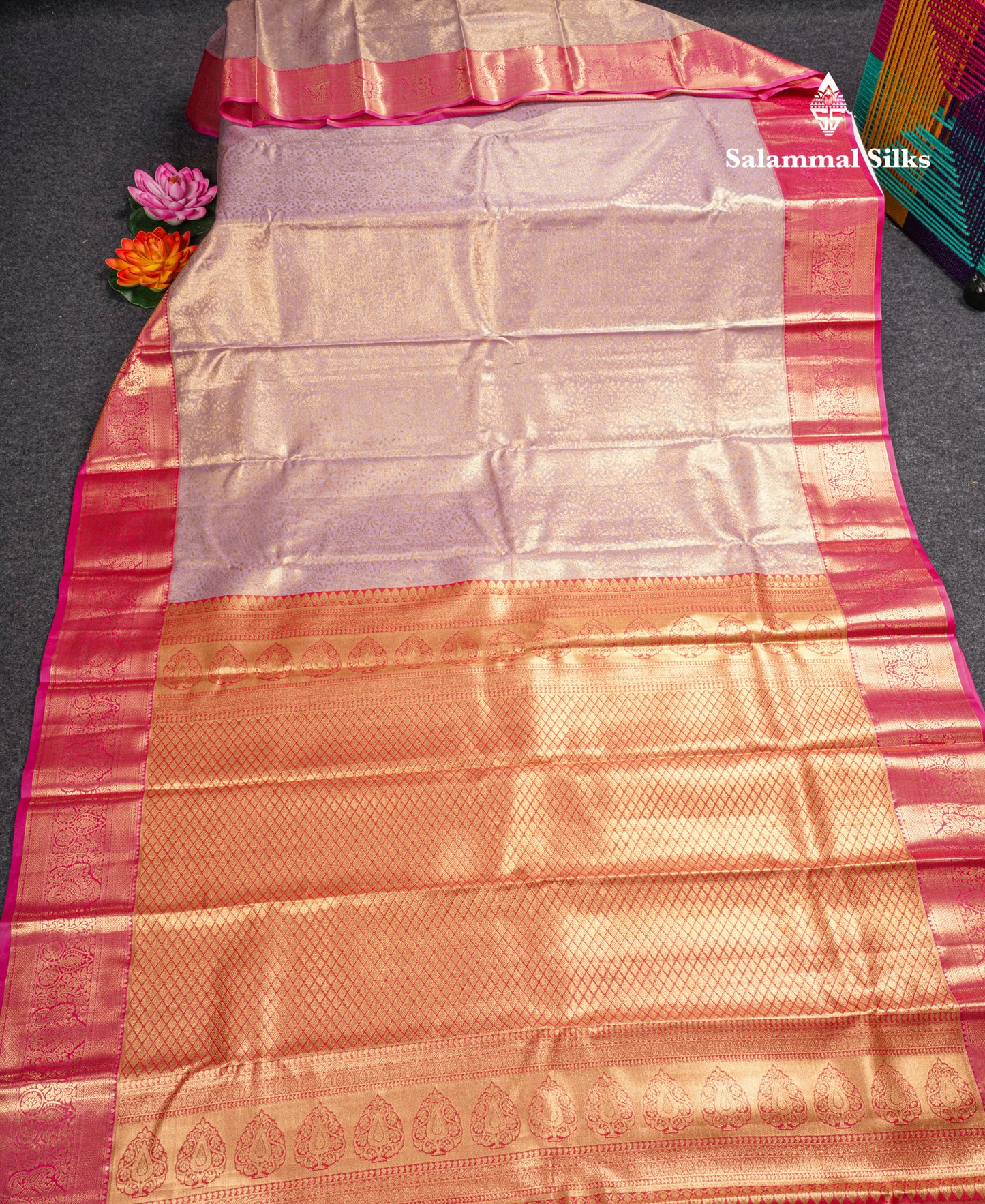 Lavender Bridal Tissue Semi Silk Saree With Contrast Pink Border