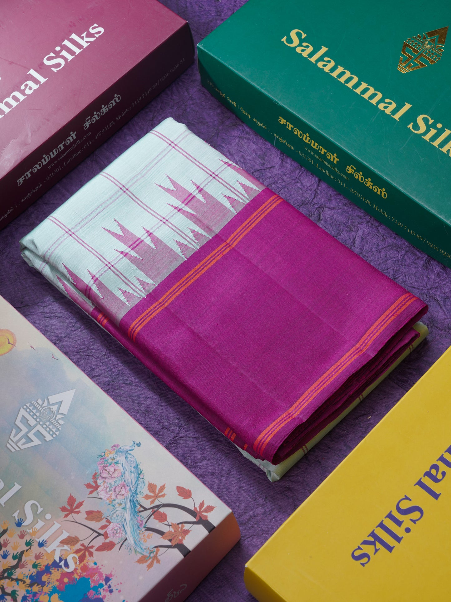 Light Rexona Beautiful Checks Pure Kanjivaram Pure Silk Saree With Traditional Magenta Temple Border
