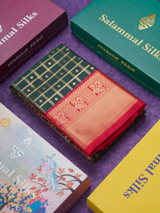 Bottle Green 1000 Buttas And Zari Checks Semi Silk Saree With Contrast Red Traditional Border