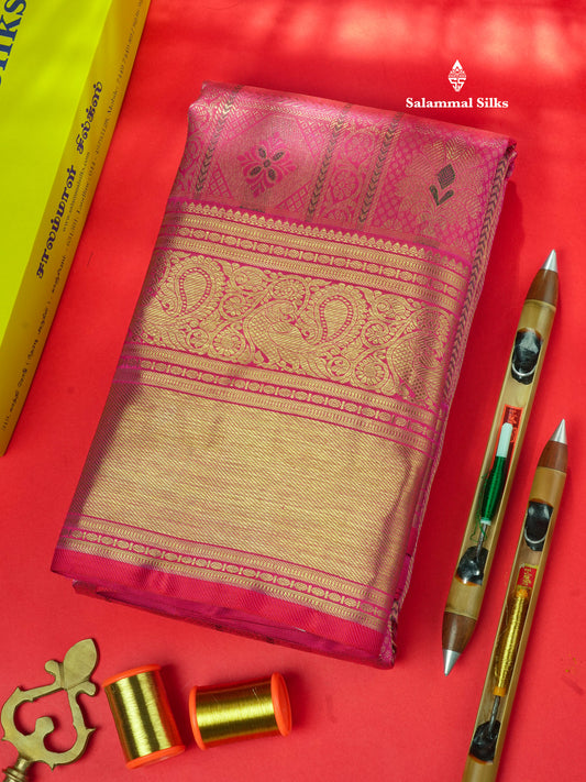 Meenakari Work Pink Shade Pure Kanjivaram Silk Saree Pure zari (3G) with Traditional Gold Zari Border