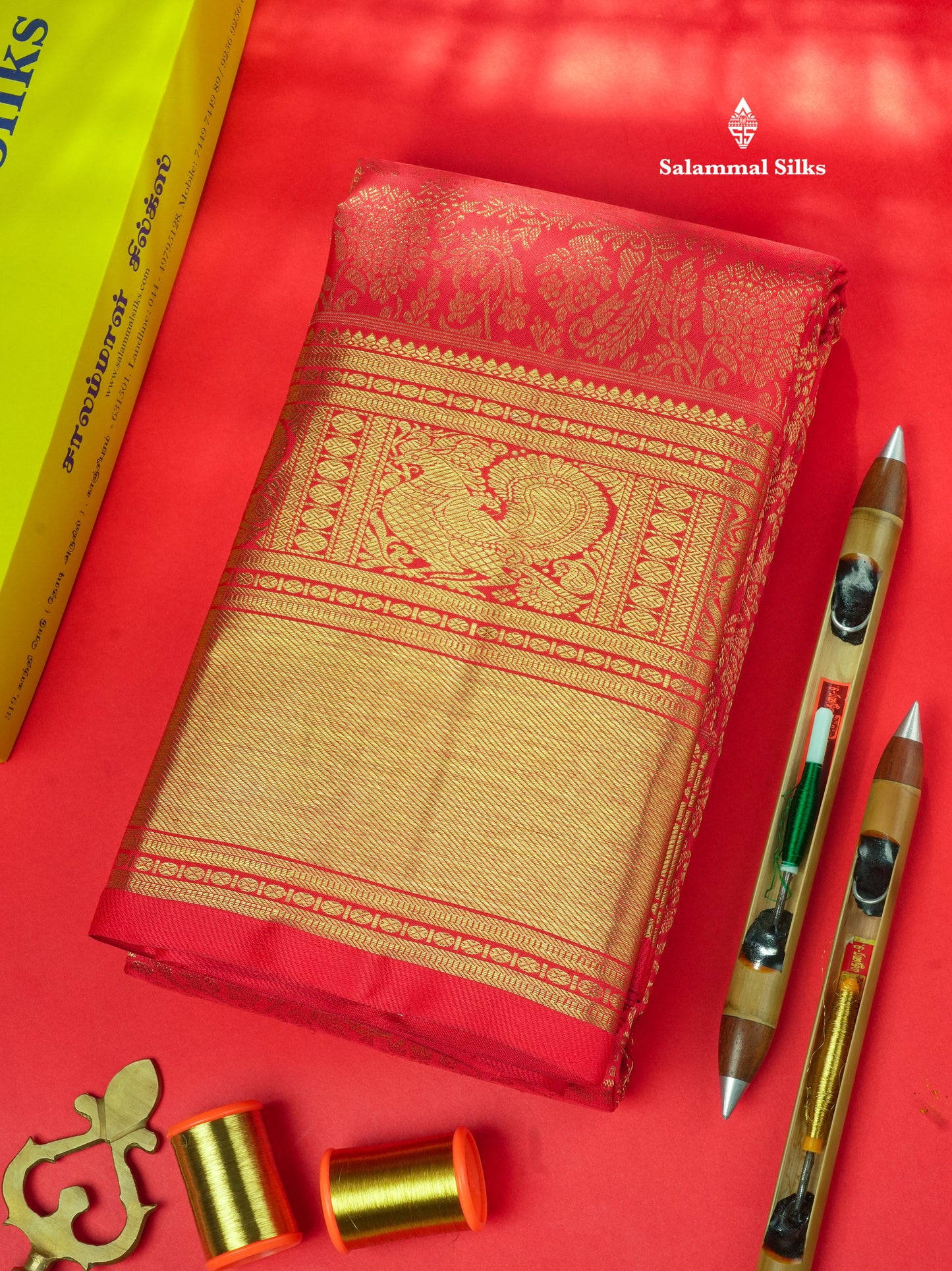 Chilly Red Pure Kanjivaram Silk Saree Pure zari (3G) with Traditional Gold Zari Border