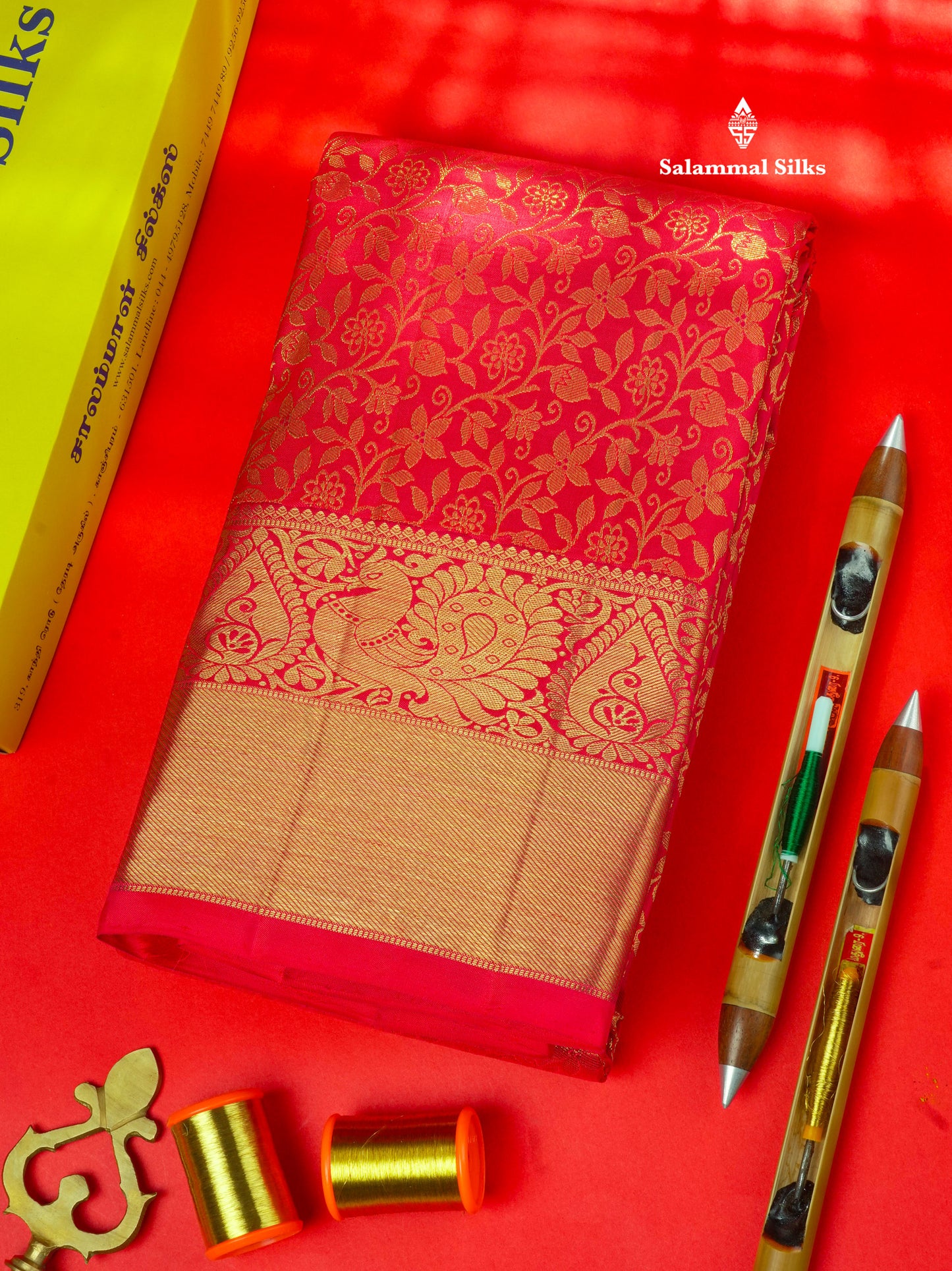 Reddish Pink Pure Kanjivaram Silk Saree 3G Zari with Traditional Gold Zari Border