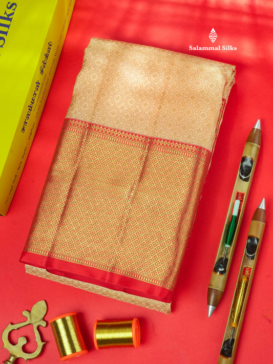 Beige Pure Kanjivaram Silk Saree Pure Zari(3G) with Contrast Chilly Red Border