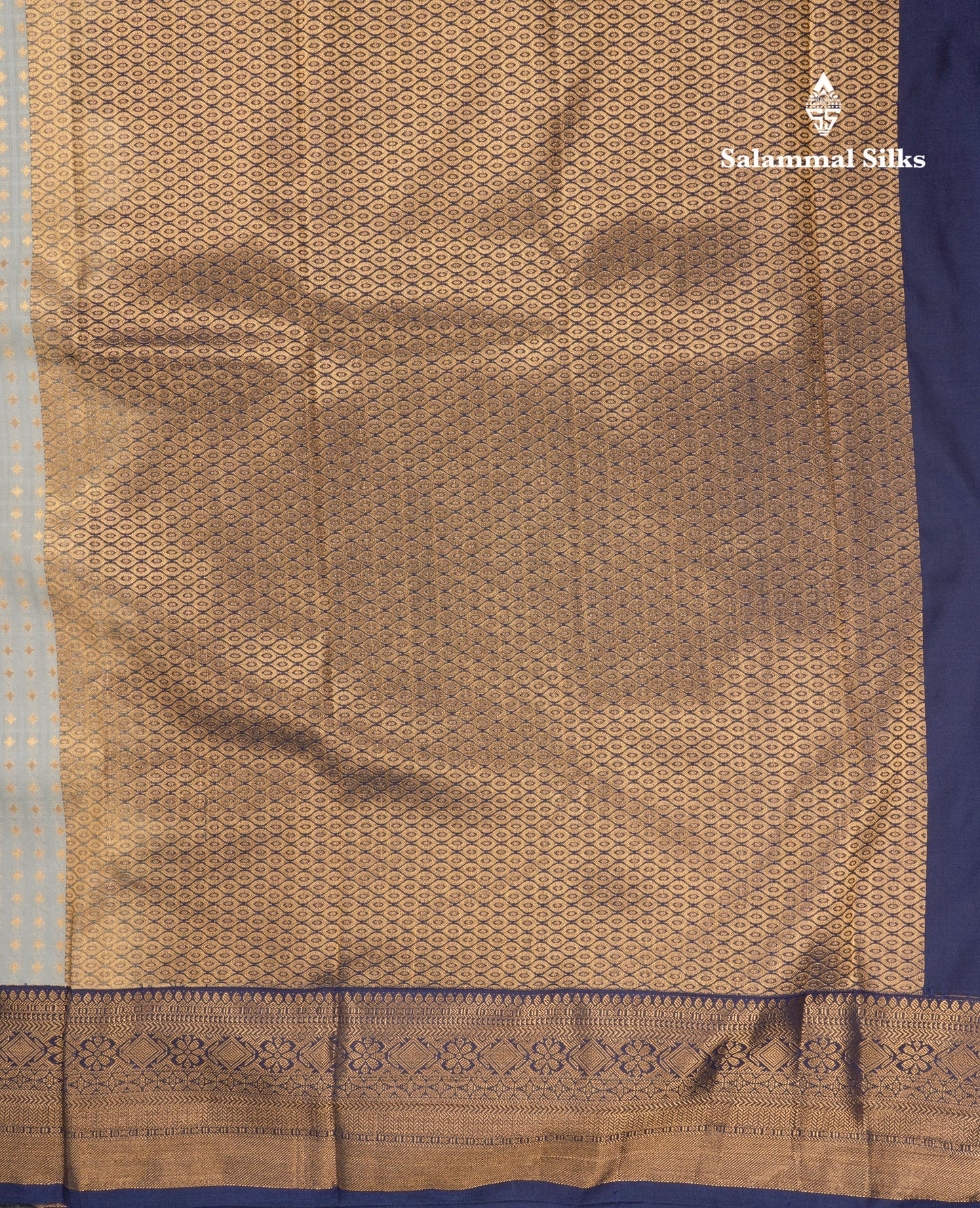 1000 Buttas Grey White Semi Silk Saree With Contrast Navy Blue Border