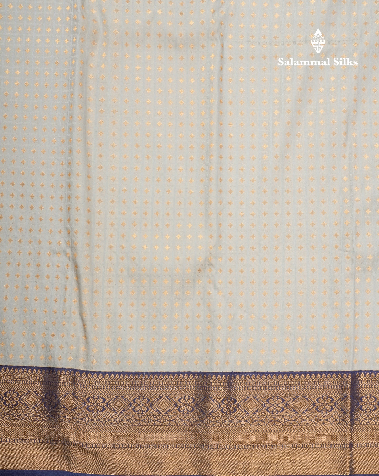 1000 Buttas Grey White Semi Silk Saree With Contrast Navy Blue Border