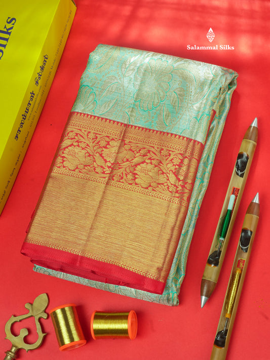 Pure Zari Rexona Green Pure Kanjivaram Silk Saree With Contrast Chilly Red Border