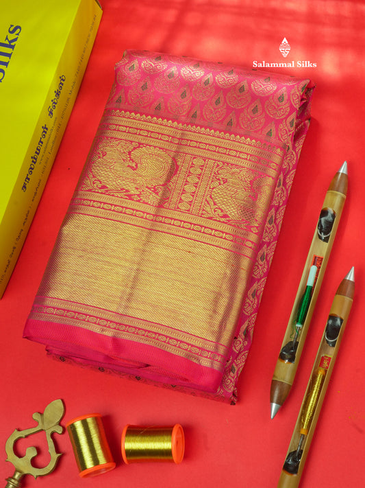 Pure zari (3G) Pinkish Red Meenakari Work Pure Kanjivaram Silk Saree with Traditional Gold Zari Border