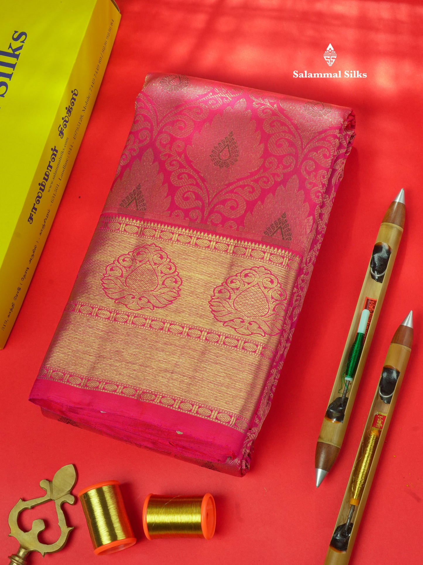 Pinkish Red Pure Kanjivaram Silk Saree 3G Zari with Gold Zari Border