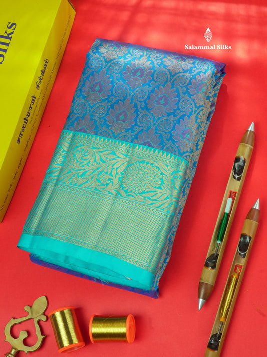 Pure Zari Peacock Blue Pure Kanjivaram Silk Saree with Contrast Sky Blue Border