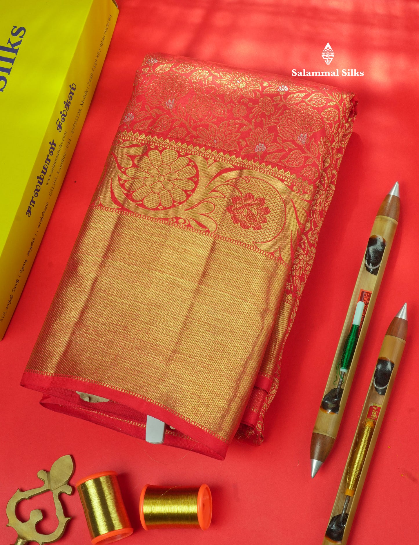 Beautiful Meenakarai Work Chilly Red Pure Kanjivaram Silk Saree Pure Zari (3G) with Gold Zari Long Border