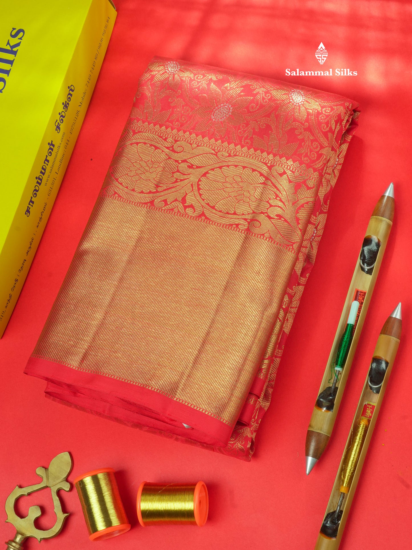 Beautiful Meenakari Work Chilly Red Pure Kanjivaram Silk Saree 3G Zari with Gold Zari Long Border