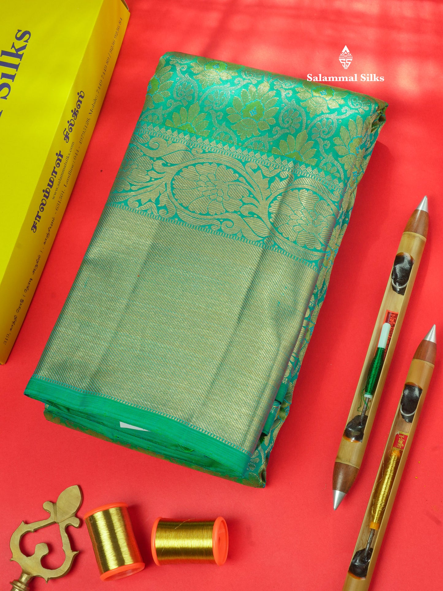 Peacock Green Pure Kanjivaram Silk Saree 3G Zari with Gold Zari Long Border
