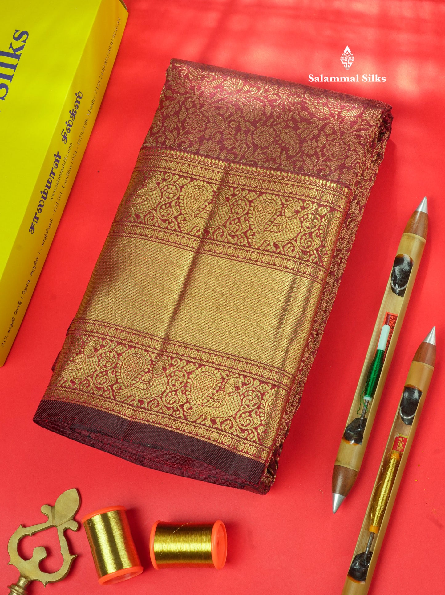 Dark Maroon Pure Kanjivaram Silk Saree 3G Zari with Traditional Gold Zari Border