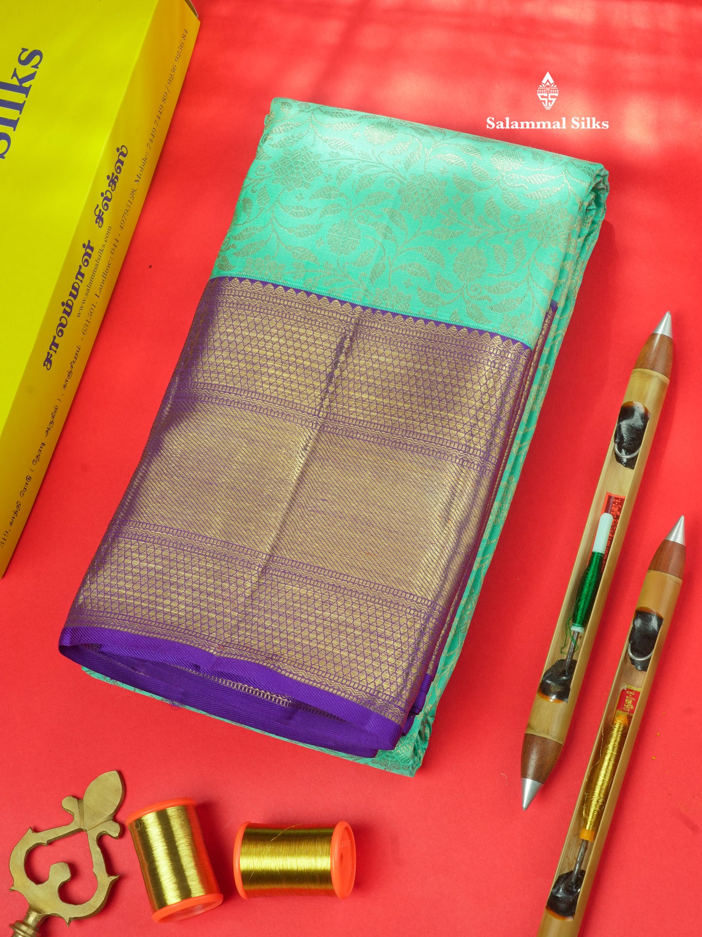 Korvai Sea Green Pure Kanjivaram Silk Saree 3G Zari with Contrast Violet Long Border