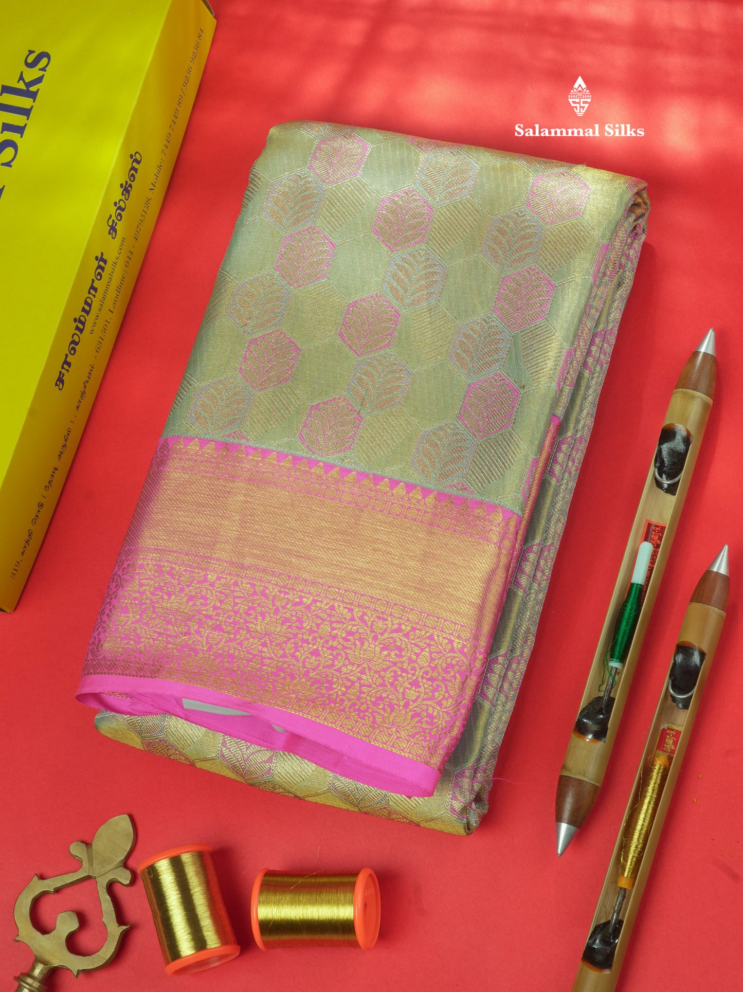 Light Green Colour Pure Kanjivaram Tissue Silk Saree with Pink Border