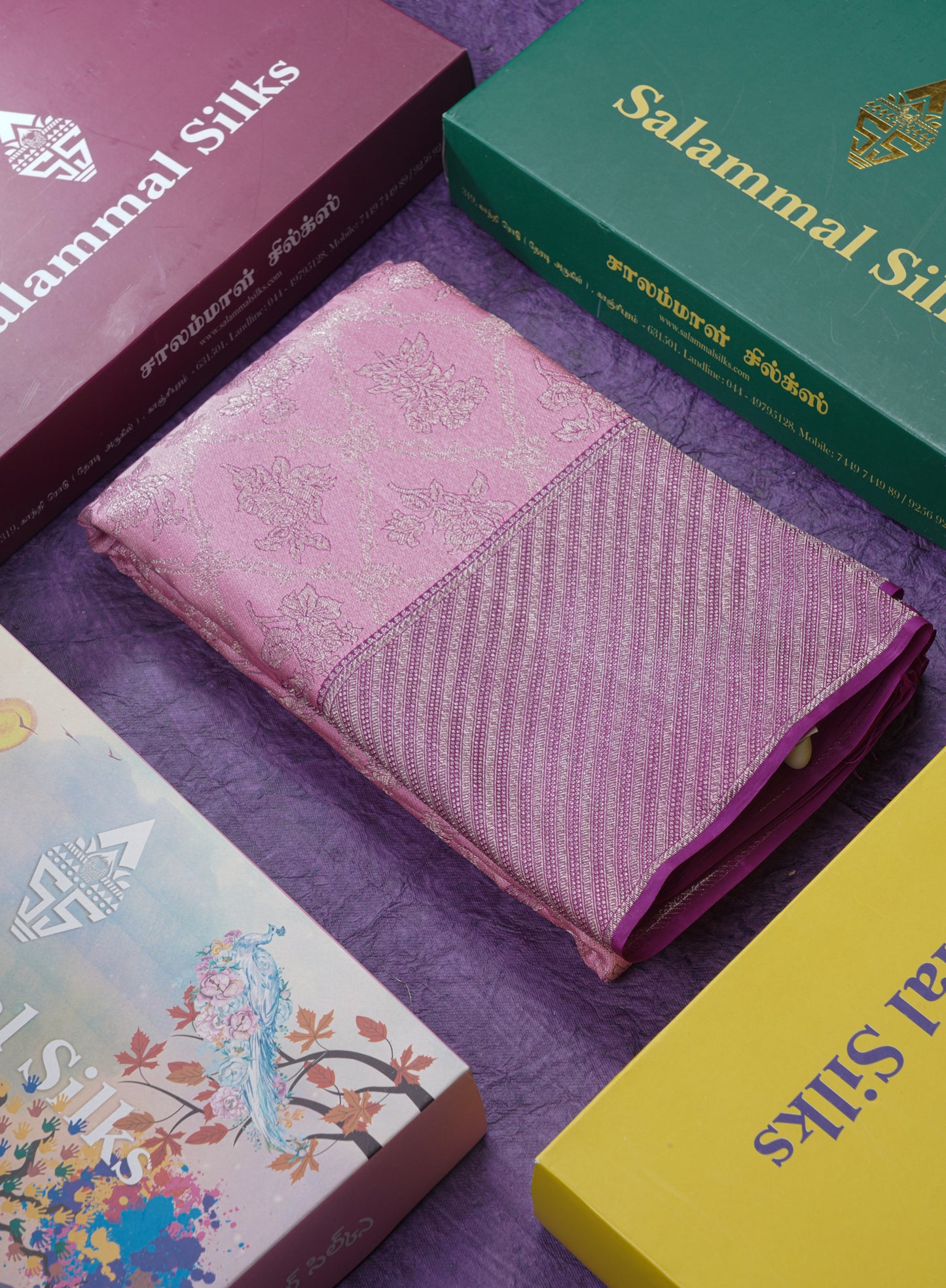 Baby Pink Bridal Pure Kanjivaram Silk Saree With Contrast Purple Border