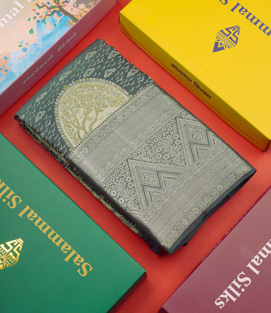 Dark Elephant Grey Colour Pure Kanjivaram Fancy Silk Saree with Silver Zari Border